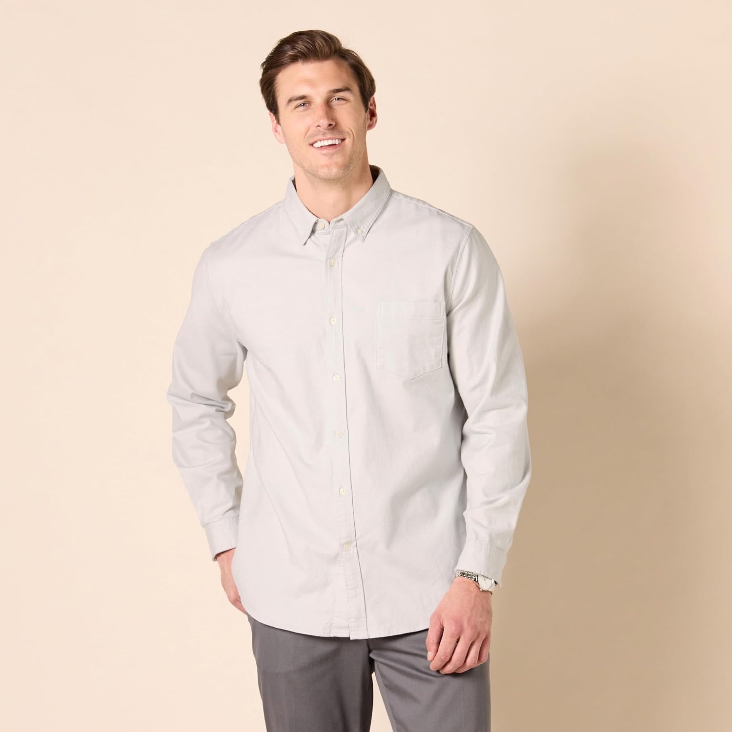 image:imageAmazon Essentials Mens SlimFit LongSleeve Stretch Oxford Shirt with PocketLight Grey