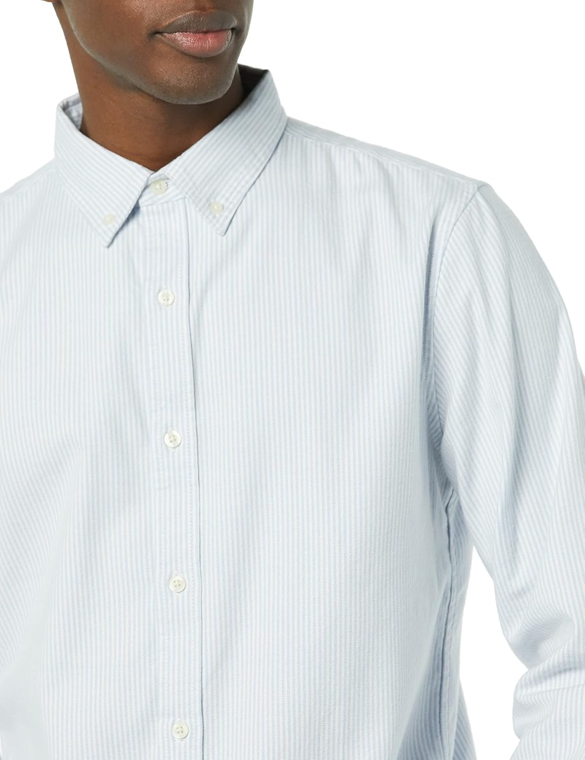 image:imageAmazon Essentials Mens SlimFit LongSleeve Stretch Oxford Shirt with PocketPowder Blue Vertical Stripe