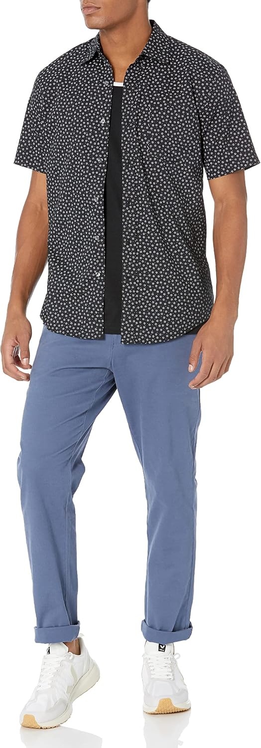 image:imageAmazon Essentials Mens SlimFit Mens Short Sleeve Collared Button Down ShirtBlack Floral