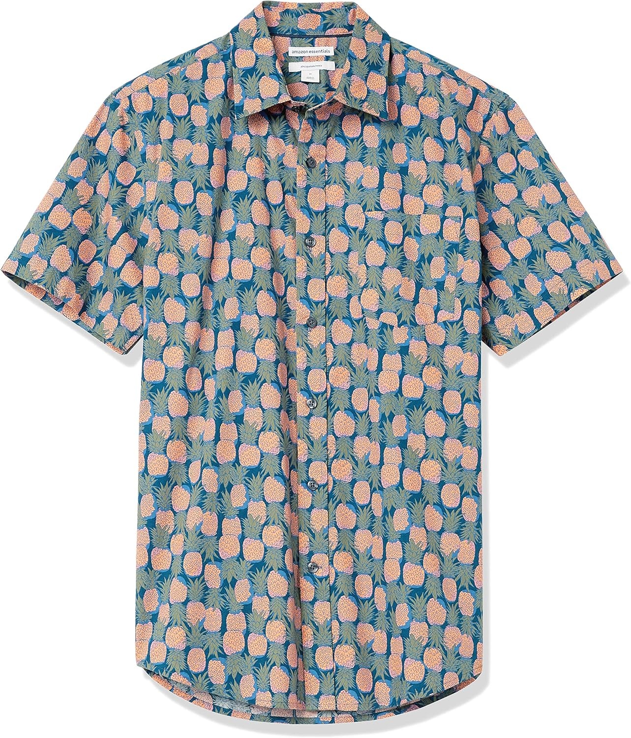 image:imageAmazon Essentials Mens SlimFit Mens Short Sleeve Collared Button Down ShirtDark Blue Pale Peach Pineapple