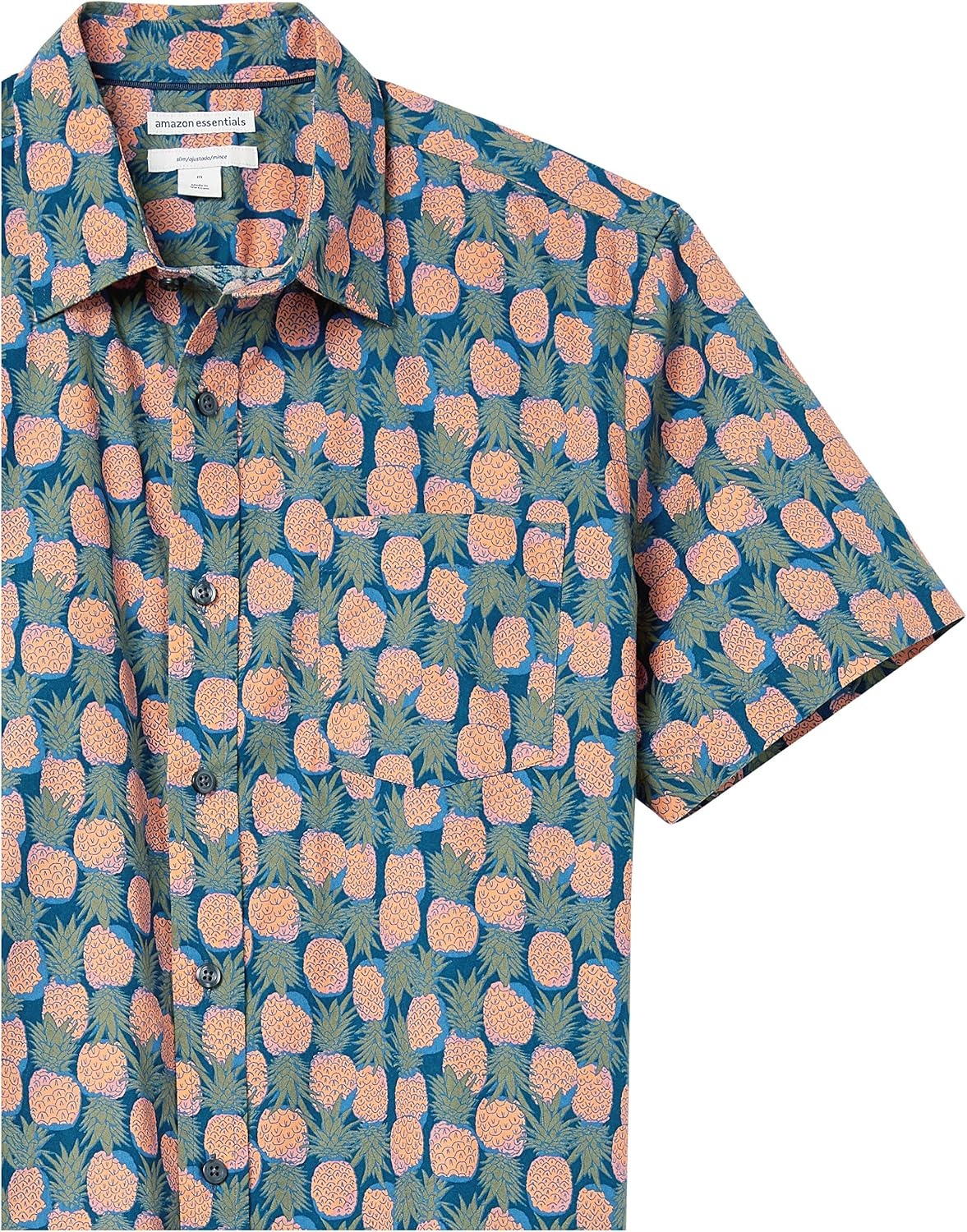 image:imageAmazon Essentials Mens SlimFit Mens Short Sleeve Collared Button Down ShirtDark Blue Pale Peach Pineapple