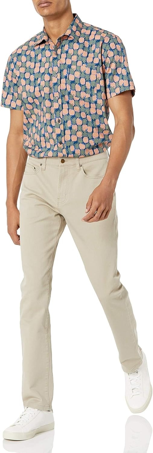 image:imageAmazon Essentials Mens SlimFit Mens Short Sleeve Collared Button Down ShirtNavy Peach Pineapple Print