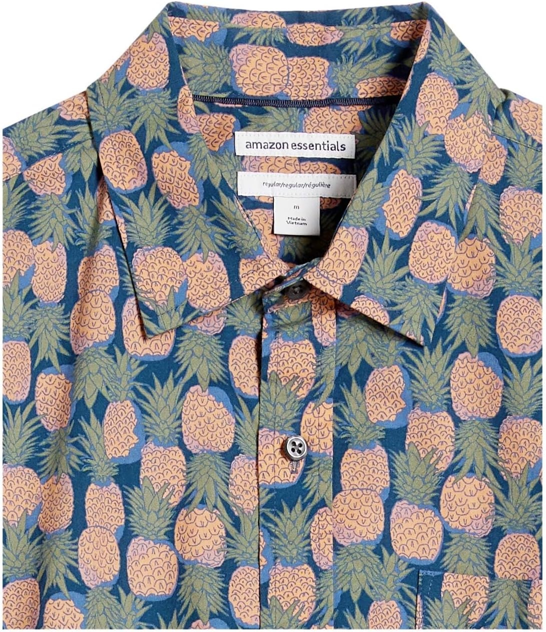 image:imageAmazon Essentials Mens SlimFit Mens Short Sleeve Collared Button Down ShirtNavy Peach Pineapple Print