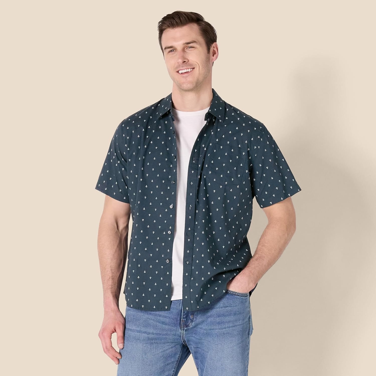 image:imageAmazon Essentials Mens SlimFit Mens Short Sleeve Collared Button Down ShirtNavy White Anchor Print