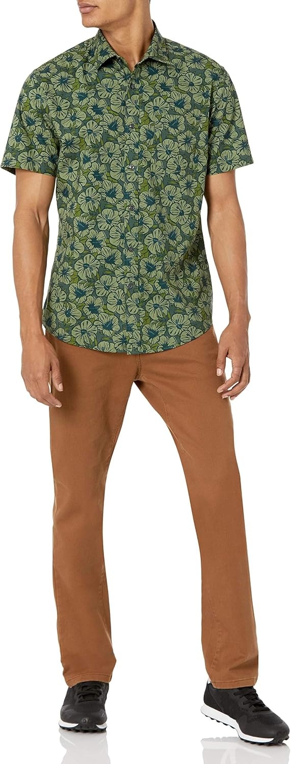 image:imageAmazon Essentials Mens SlimFit Mens Short Sleeve Collared Button Down ShirtOlive Flowers