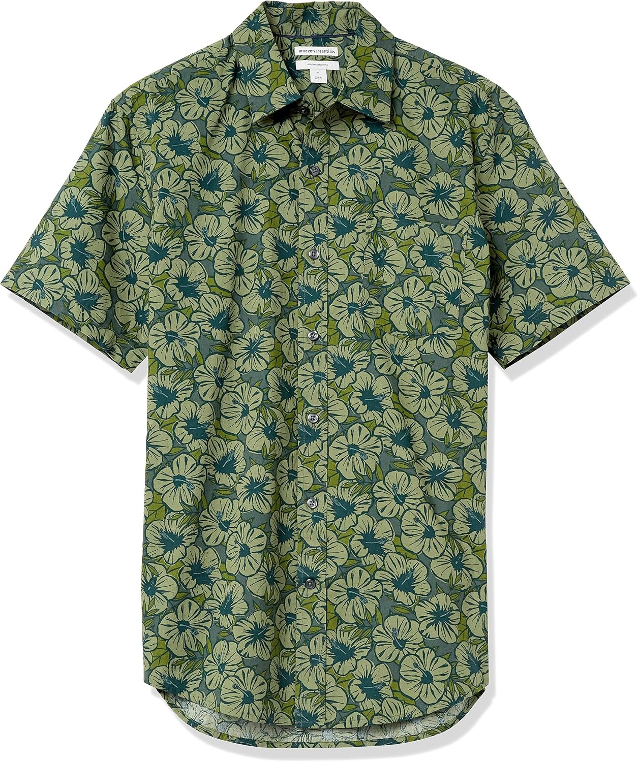 image:imageAmazon Essentials Mens SlimFit Mens Short Sleeve Collared Button Down ShirtOlive Hibiscus