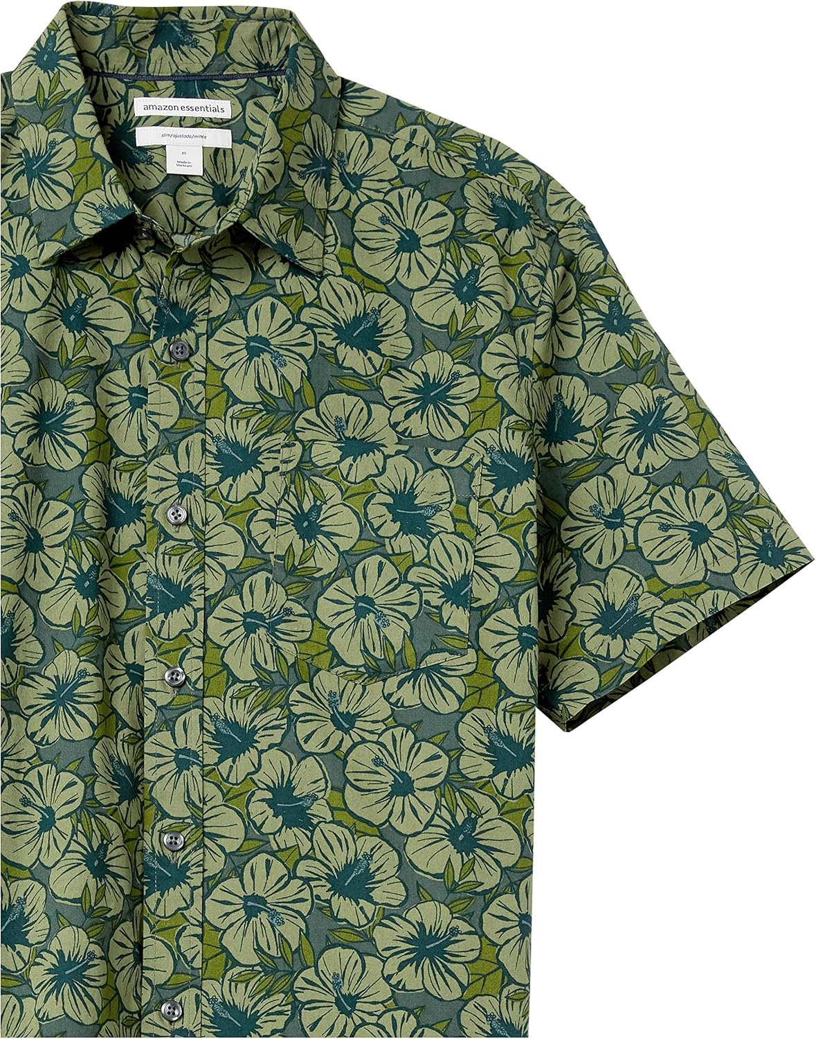 image:imageAmazon Essentials Mens SlimFit Mens Short Sleeve Collared Button Down ShirtOlive Hibiscus