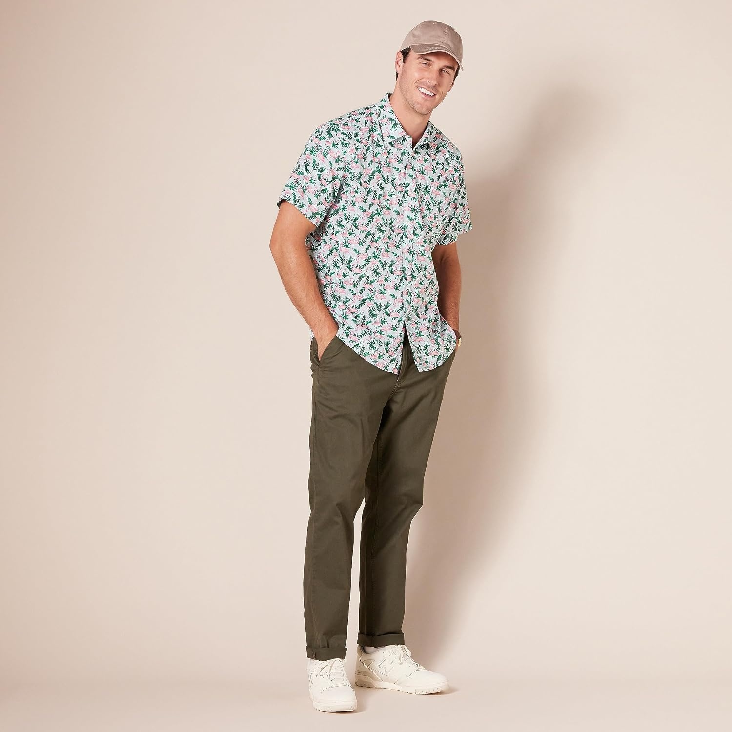 image:imageAmazon Essentials Mens SlimFit Mens Short Sleeve Collared Button Down ShirtPastel Green Flamingo