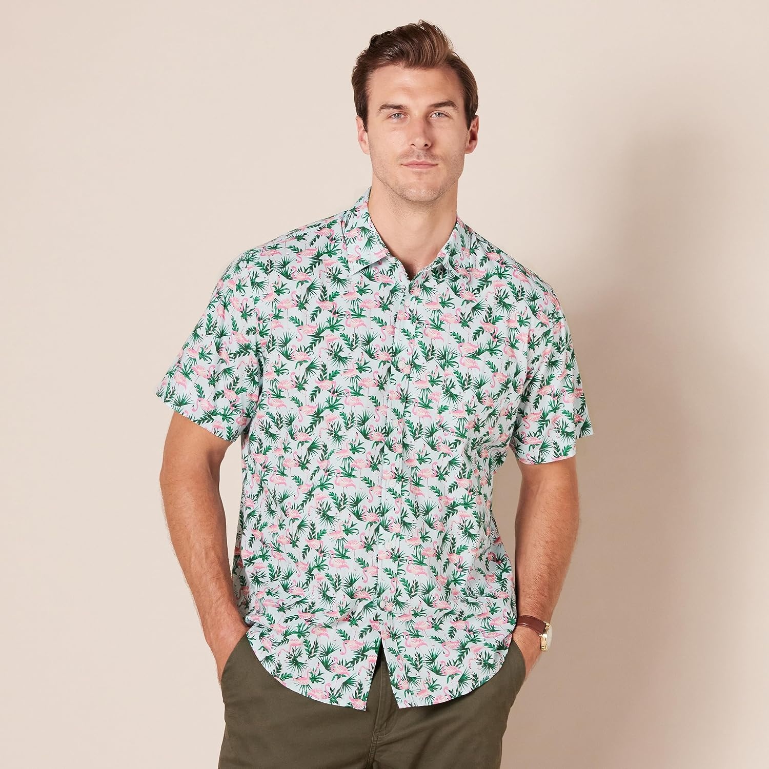 image:imageAmazon Essentials Mens SlimFit Mens Short Sleeve Collared Button Down ShirtPastel Green Flamingo