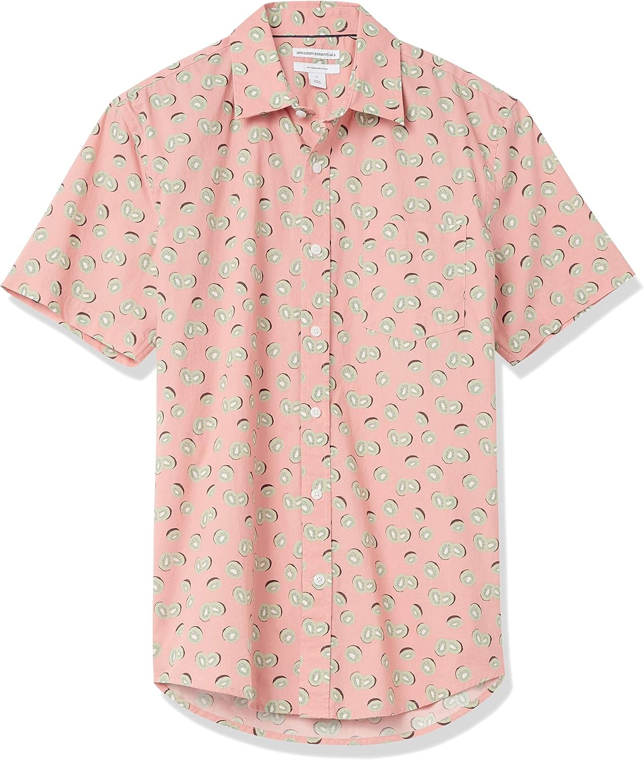 image:imageAmazon Essentials Mens SlimFit Mens Short Sleeve Collared Button Down ShirtPink Fruit
