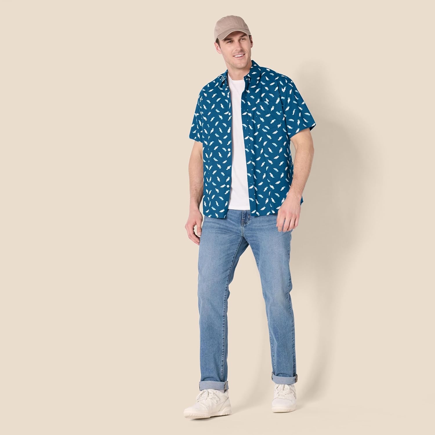 image:imageAmazon Essentials Mens SlimFit Mens Short Sleeve Collared Button Down ShirtTeal Birds