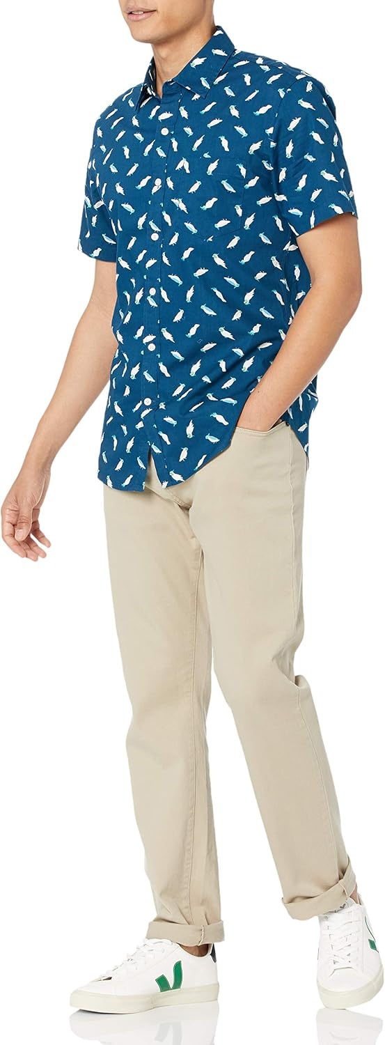 image:imageAmazon Essentials Mens SlimFit Mens Short Sleeve Collared Button Down ShirtTeal Birds