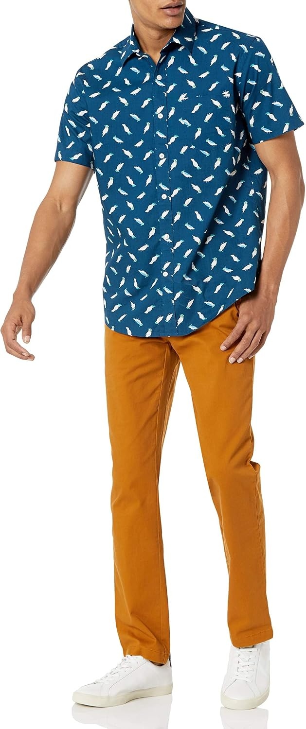 image:imageAmazon Essentials Mens SlimFit Mens Short Sleeve Collared Button Down ShirtTeal Blue Birds