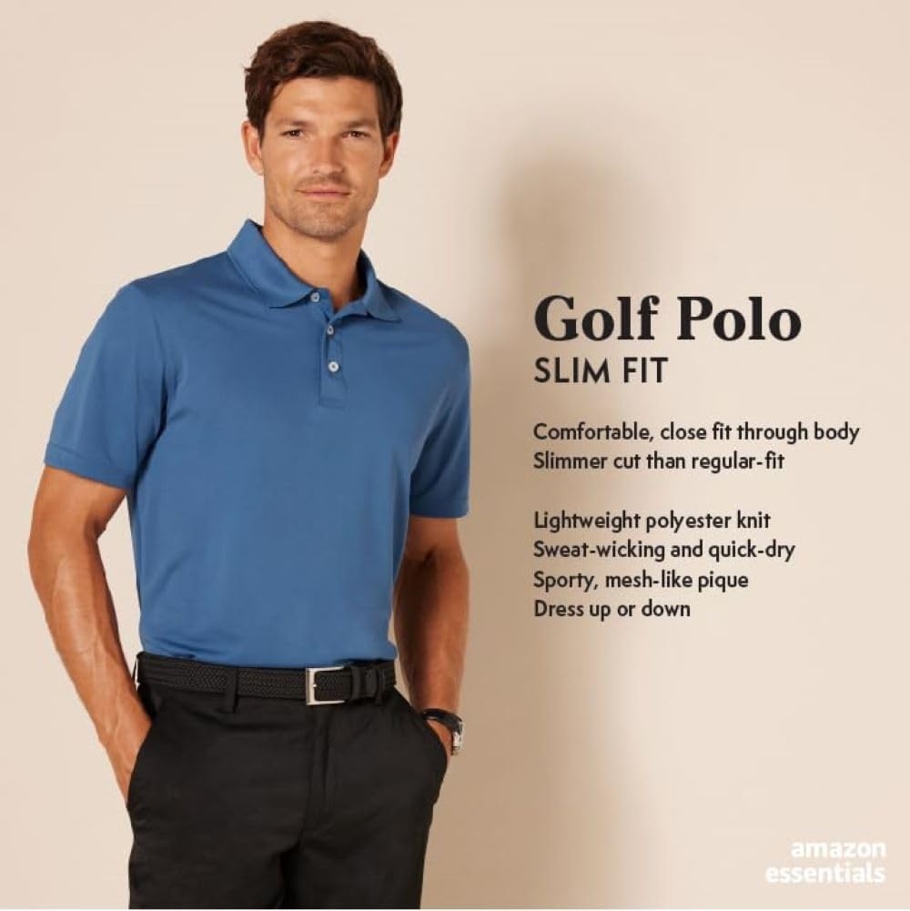 image:imageAmazon Essentials Mens SlimFit QuickDry MoistureWicking Golf Polo ShirtBlack