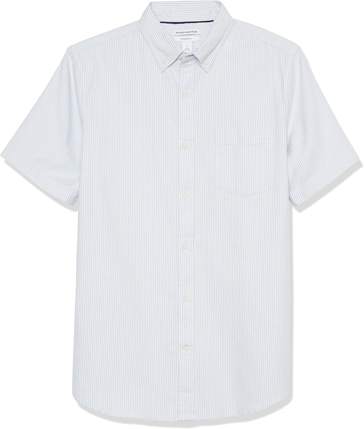 image:imageAmazon Essentials Mens SlimFit Short Sleeve Stretch Oxford Shirt with PocketPowder Blue Vertical Stripe