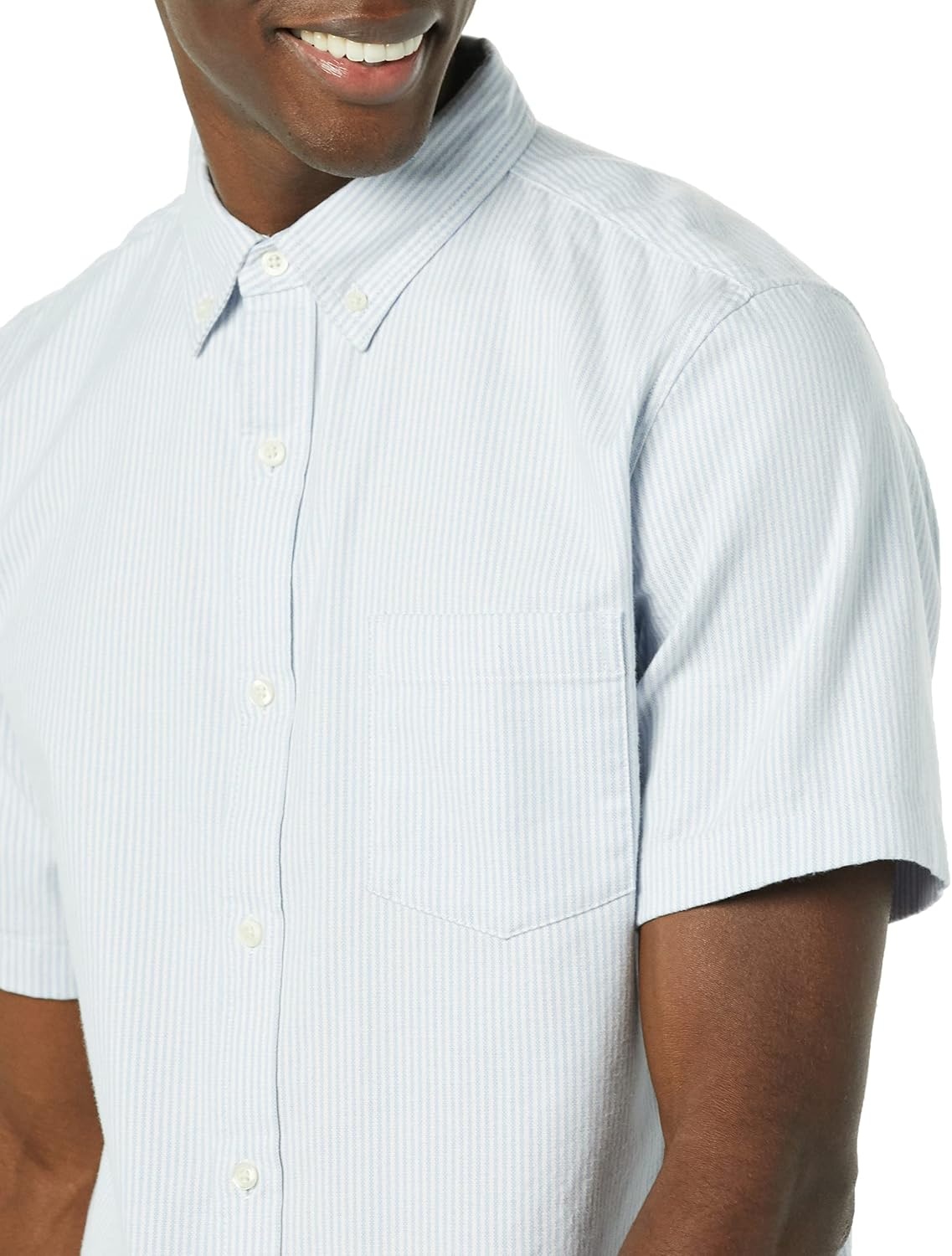 image:imageAmazon Essentials Mens SlimFit Short Sleeve Stretch Oxford Shirt with PocketPowder Blue Vertical Stripe