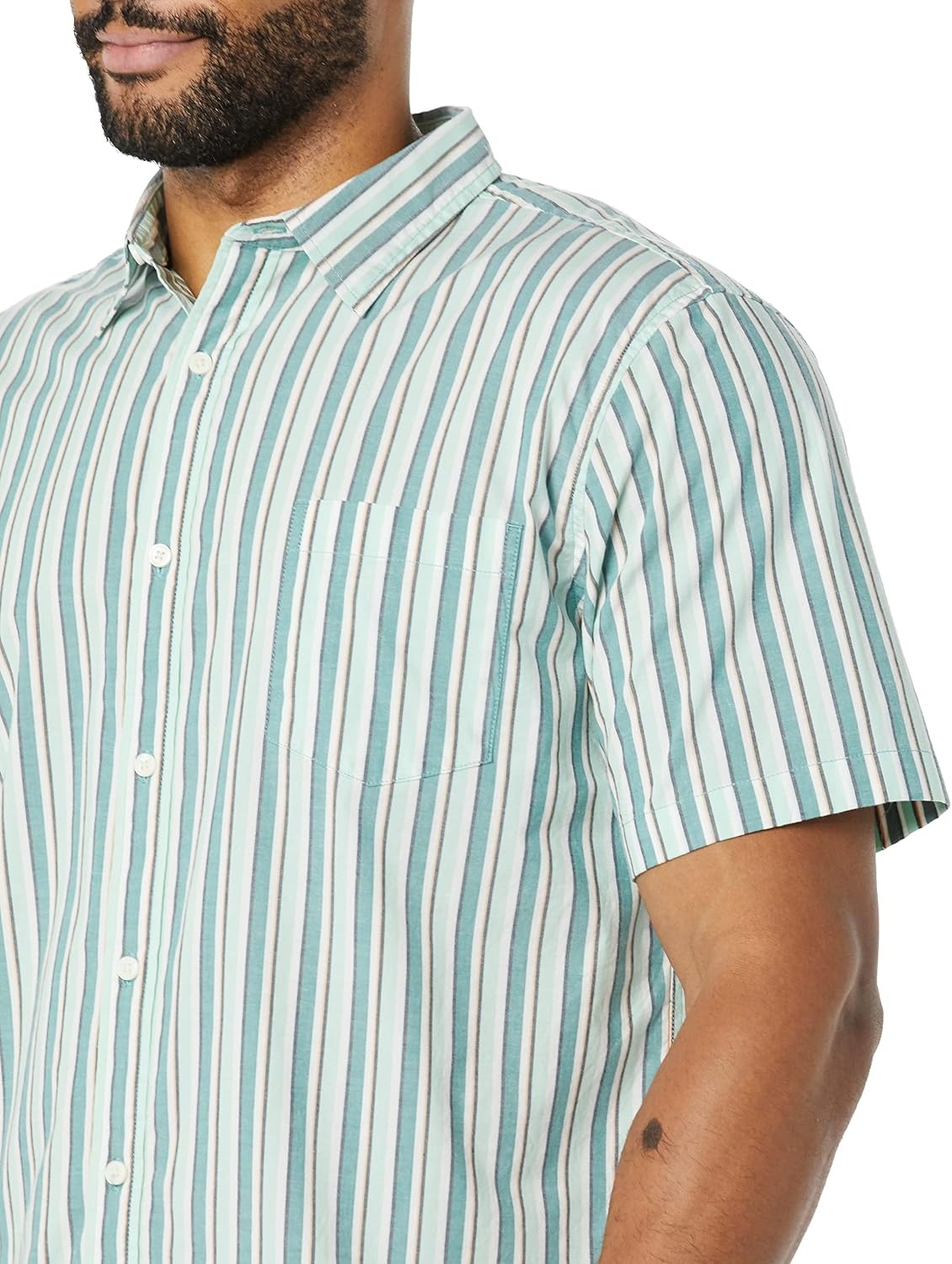 image:imageAmazon Essentials Mens SlimFit ShortSleeve Poplin ShirtAqua Blue White Vertical Stripe
