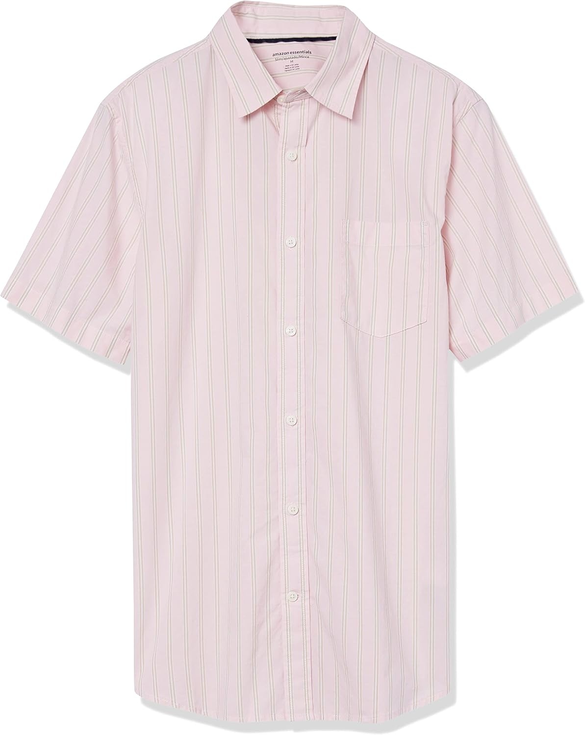image:imageAmazon Essentials Mens SlimFit ShortSleeve Poplin ShirtBeige Pink Double Stripe