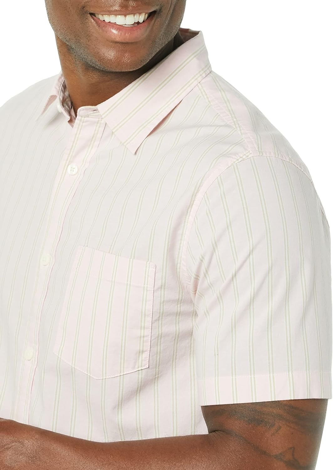image:imageAmazon Essentials Mens SlimFit ShortSleeve Poplin ShirtBeige Pink Double Stripe