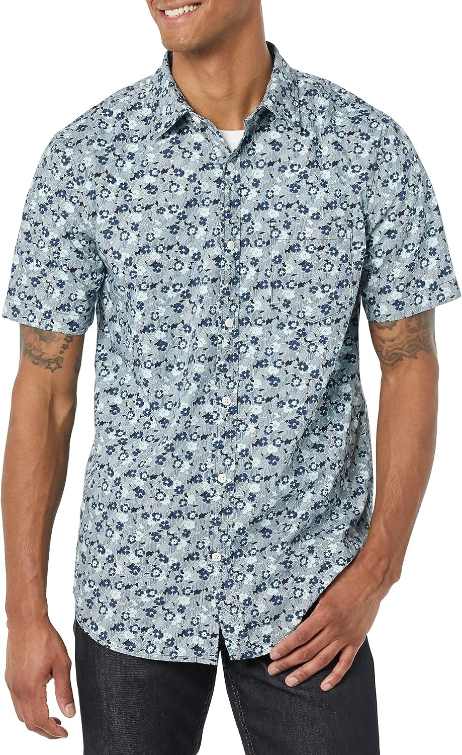 image:imageAmazon Essentials Mens SlimFit ShortSleeve Poplin ShirtBlue Sketch Floral Print