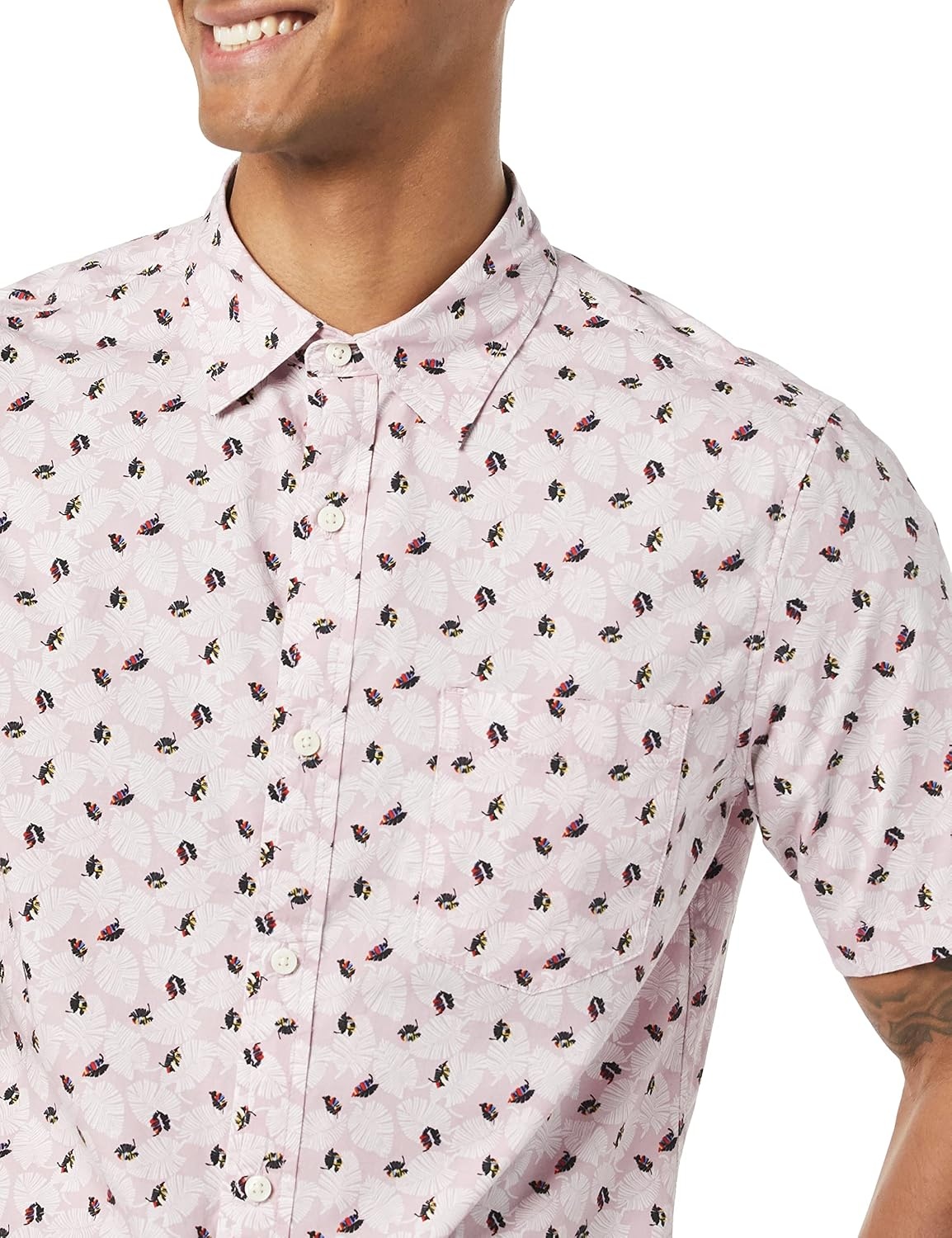 image:imageAmazon Essentials Mens SlimFit ShortSleeve Poplin ShirtLavender Palm Leaf Print