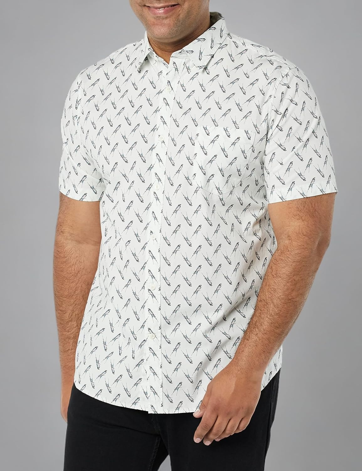 image:imageAmazon Essentials Mens SlimFit ShortSleeve Poplin ShirtLight Blue Bird Print
