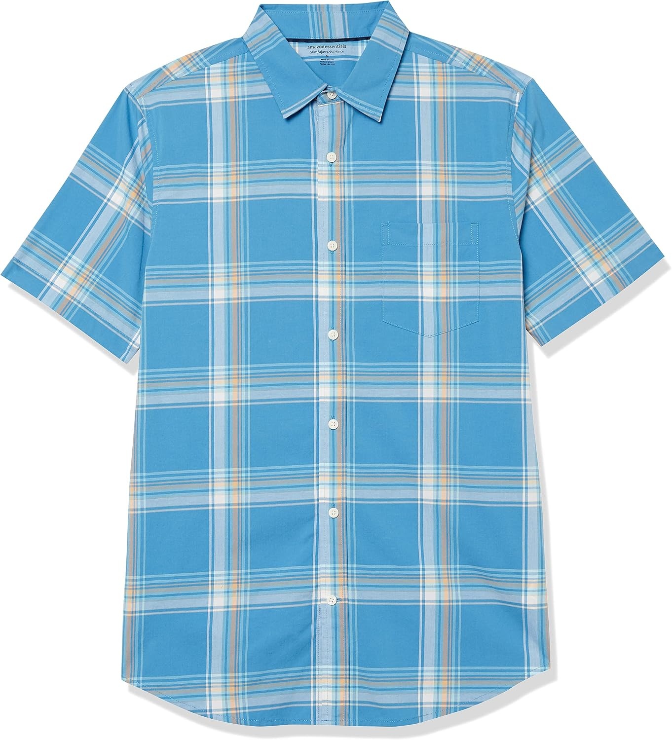 image:imageAmazon Essentials Mens SlimFit ShortSleeve Poplin ShirtLight Blue Orange Plaid