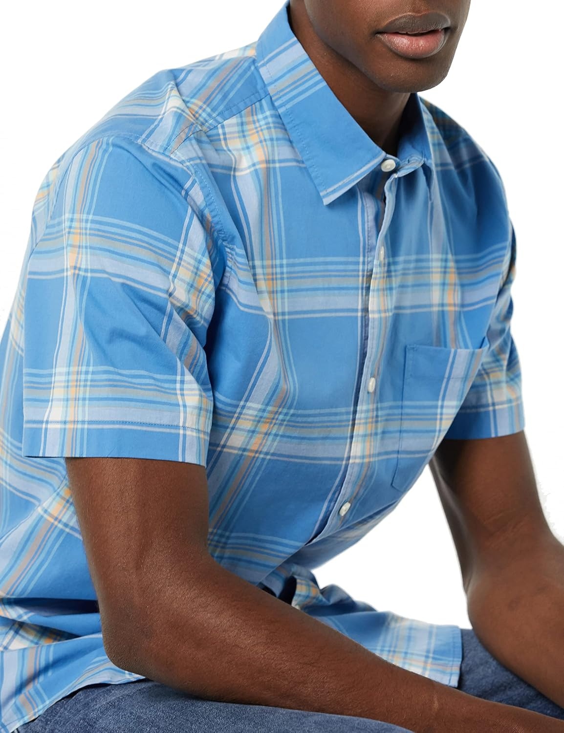 image:imageAmazon Essentials Mens SlimFit ShortSleeve Poplin ShirtLight Blue Orange Plaid