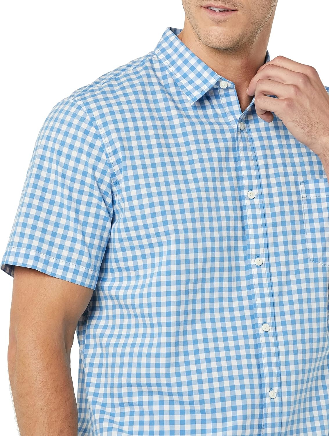 image:imageAmazon Essentials Mens SlimFit ShortSleeve Poplin ShirtLight Blue White Gingham
