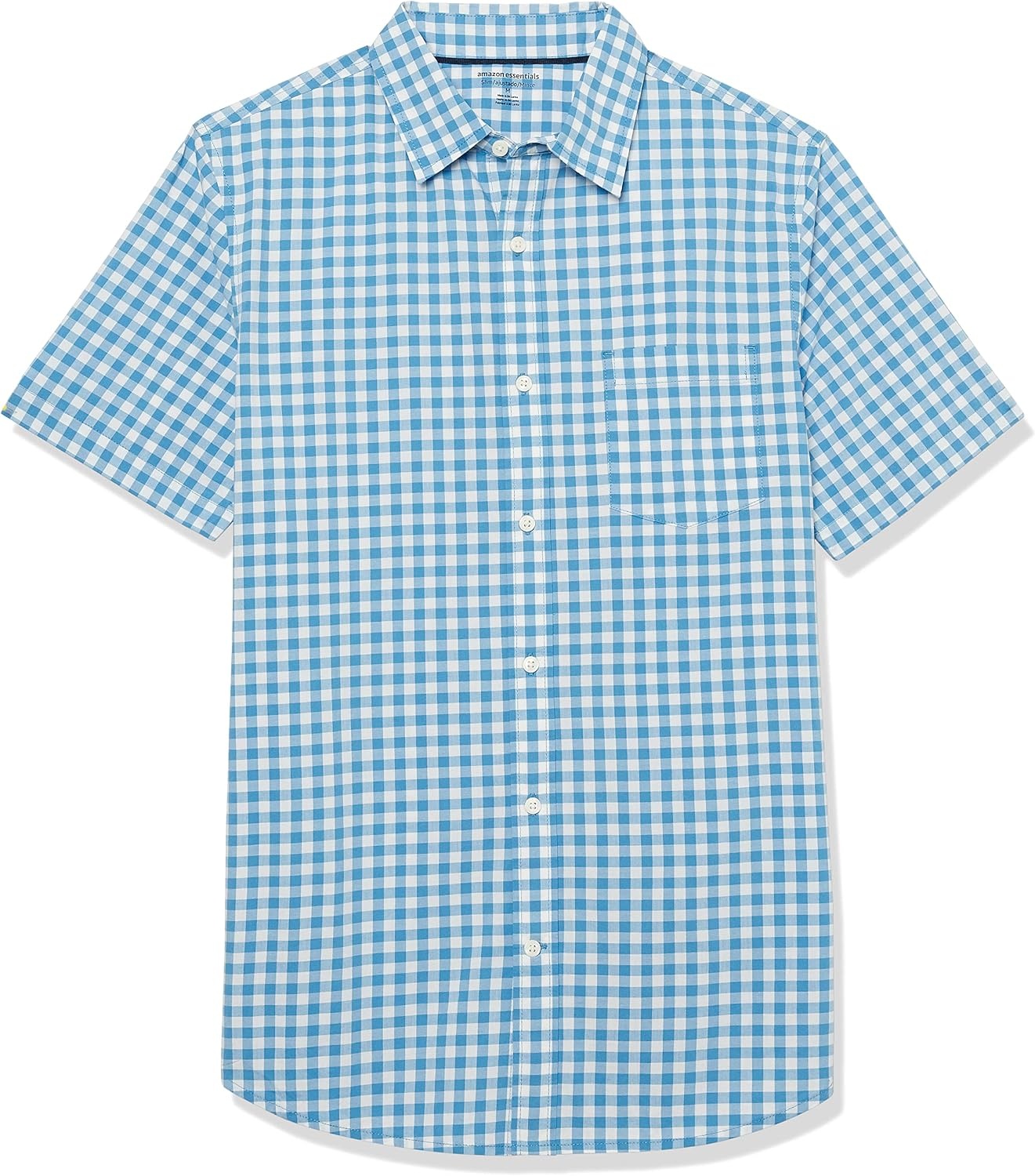 image:imageAmazon Essentials Mens SlimFit ShortSleeve Poplin ShirtLight Blue White Gingham