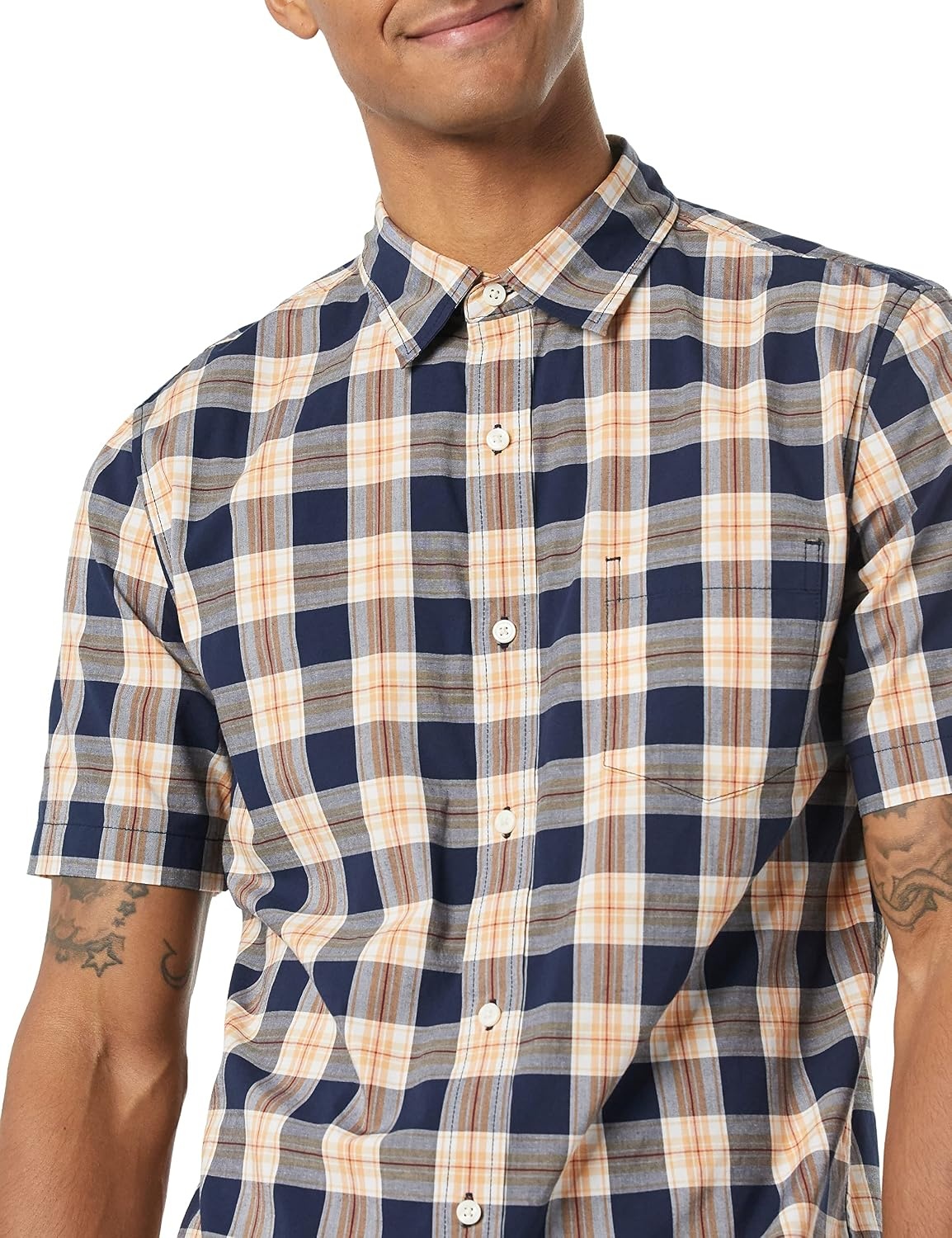 image:imageAmazon Essentials Mens SlimFit ShortSleeve Poplin ShirtNavy Gold Plaid