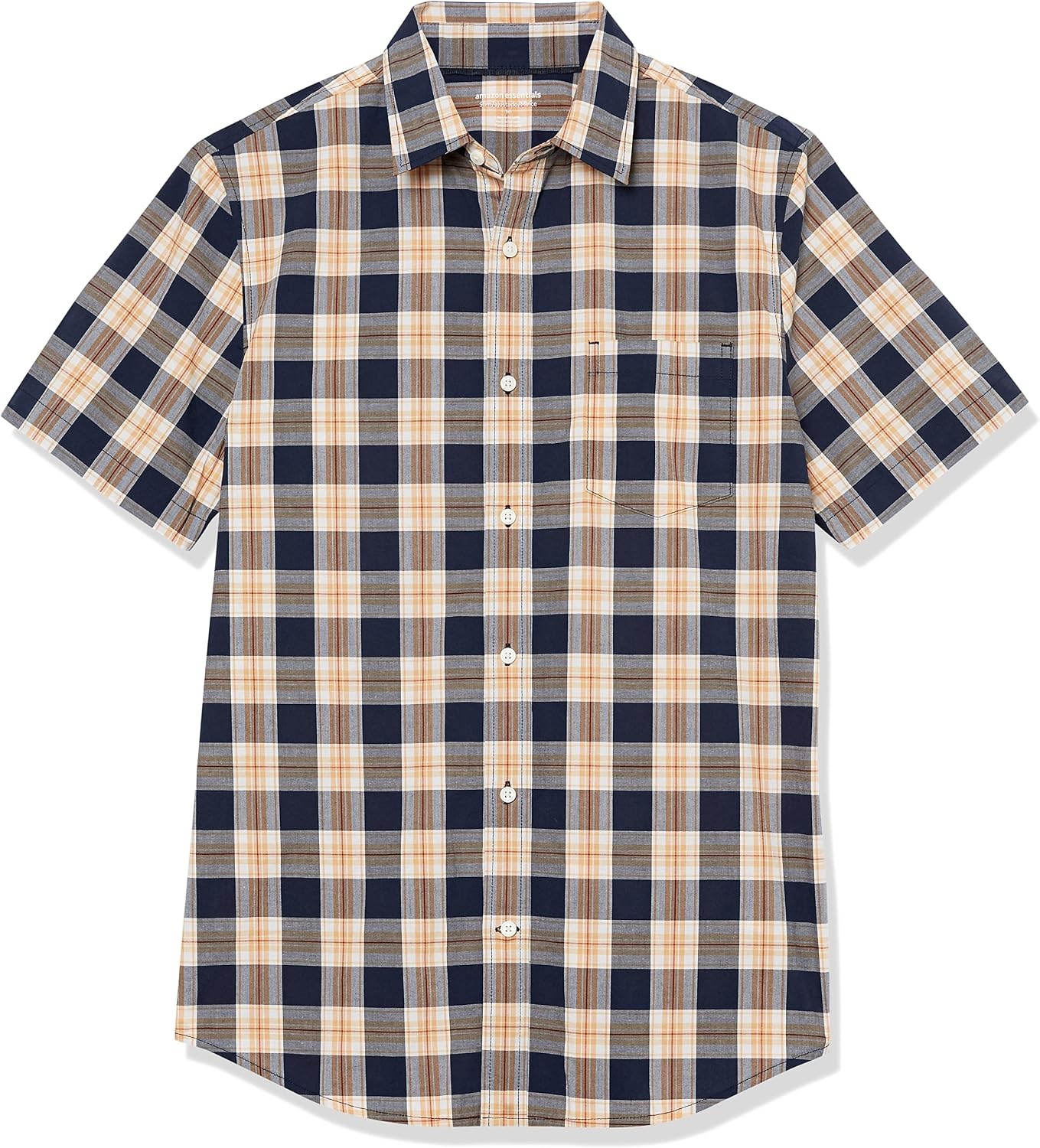 image:imageAmazon Essentials Mens SlimFit ShortSleeve Poplin ShirtNavy Gold Plaid