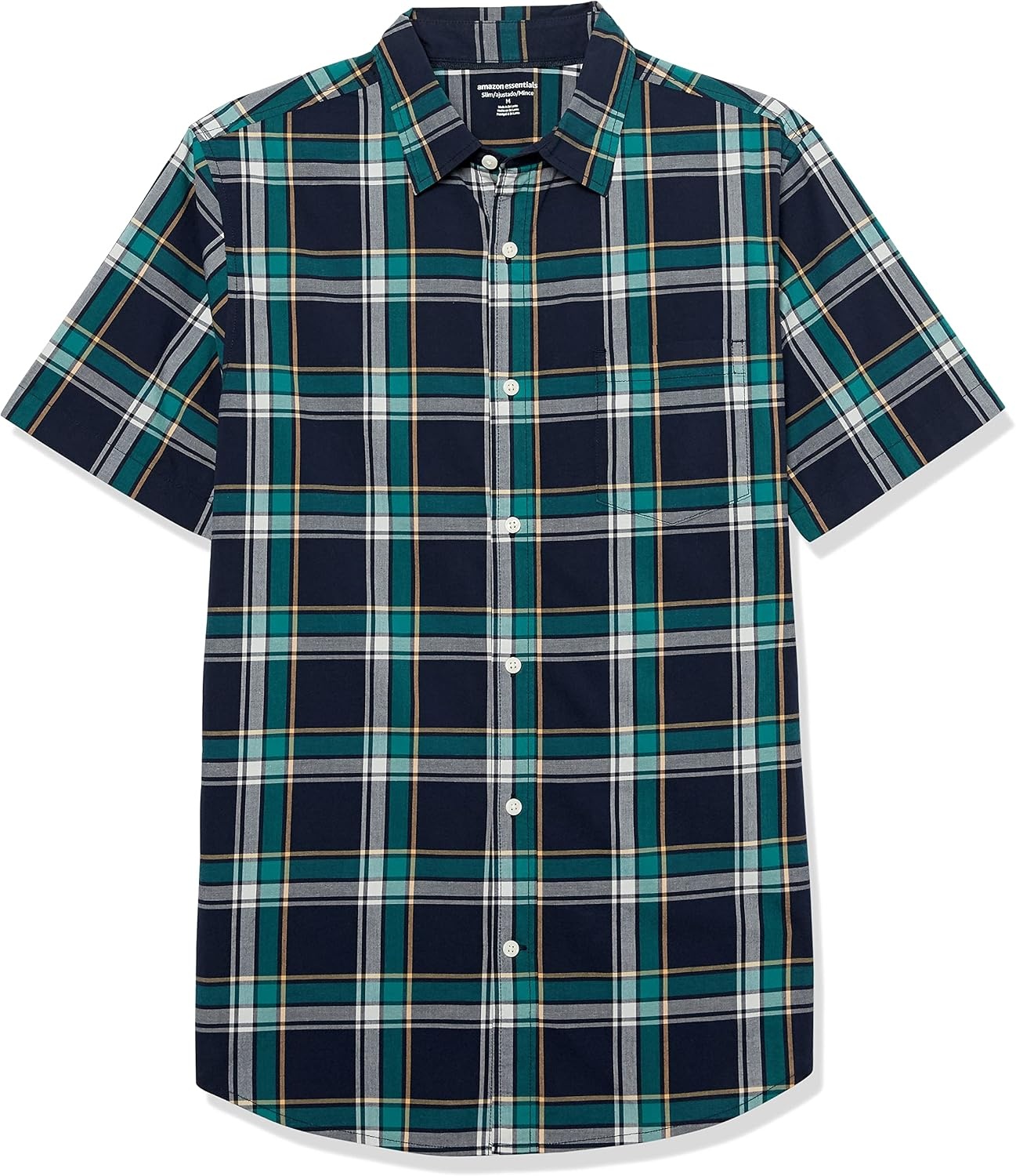 image:imageAmazon Essentials Mens SlimFit ShortSleeve Poplin ShirtNavy Green Plaid