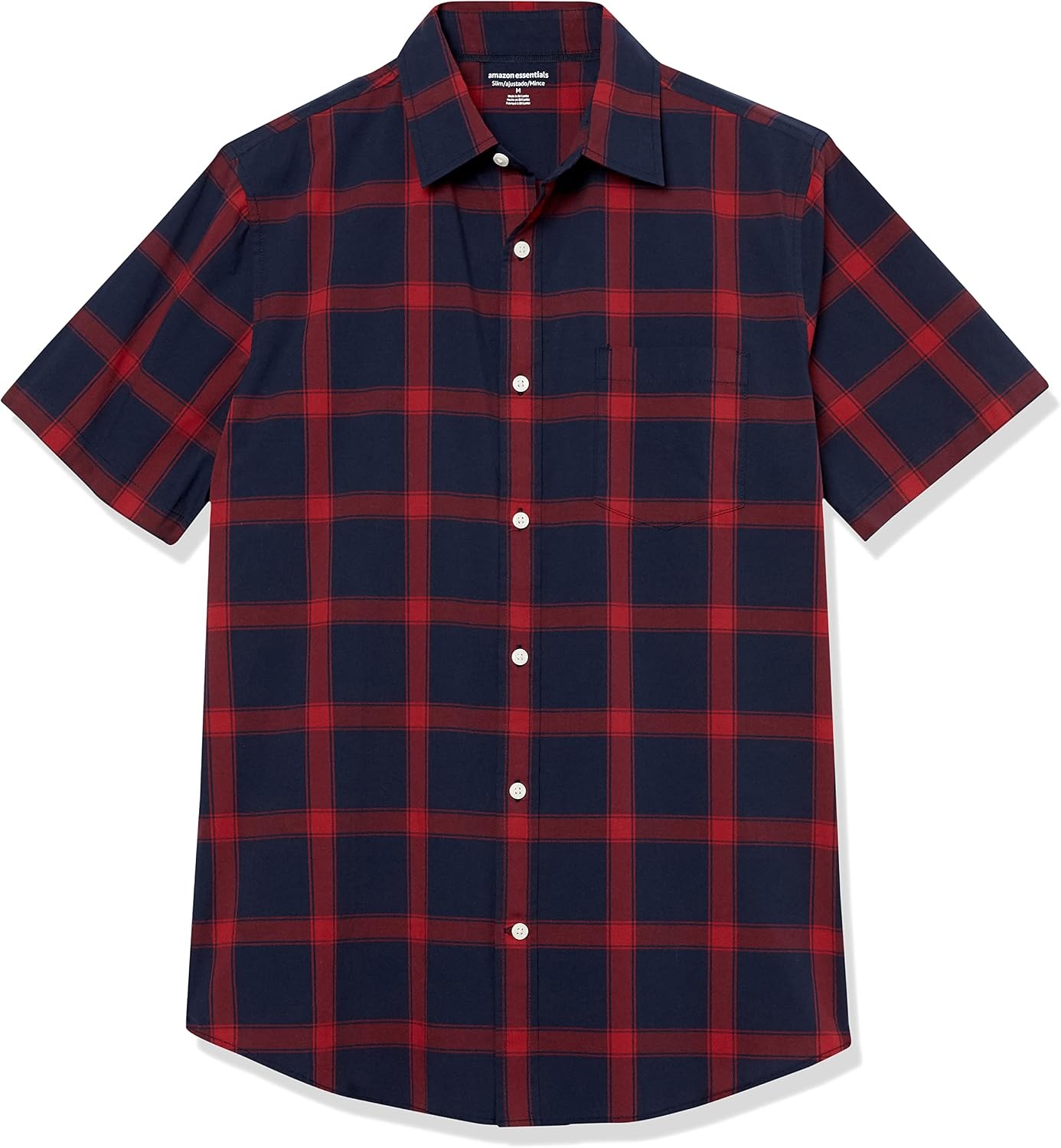 image:imageAmazon Essentials Mens SlimFit ShortSleeve Poplin ShirtNavy Red Buffalo Plaid