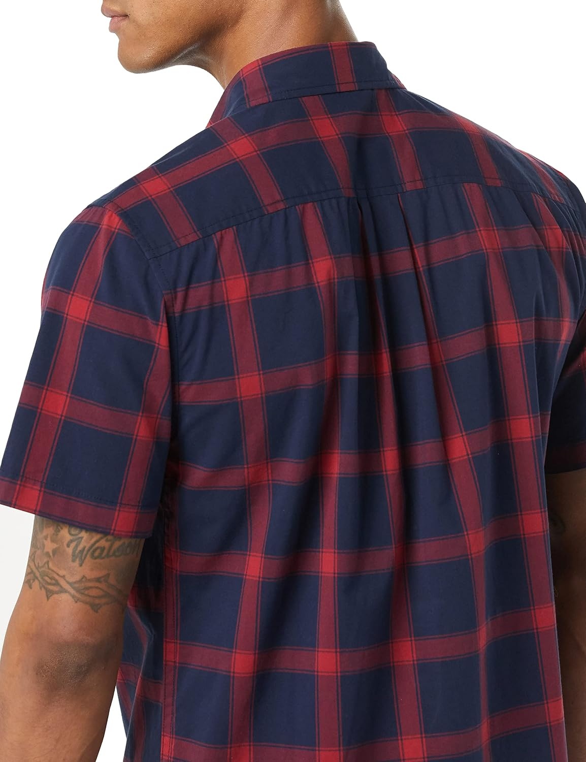 image:imageAmazon Essentials Mens SlimFit ShortSleeve Poplin ShirtNavy Red Buffalo Plaid