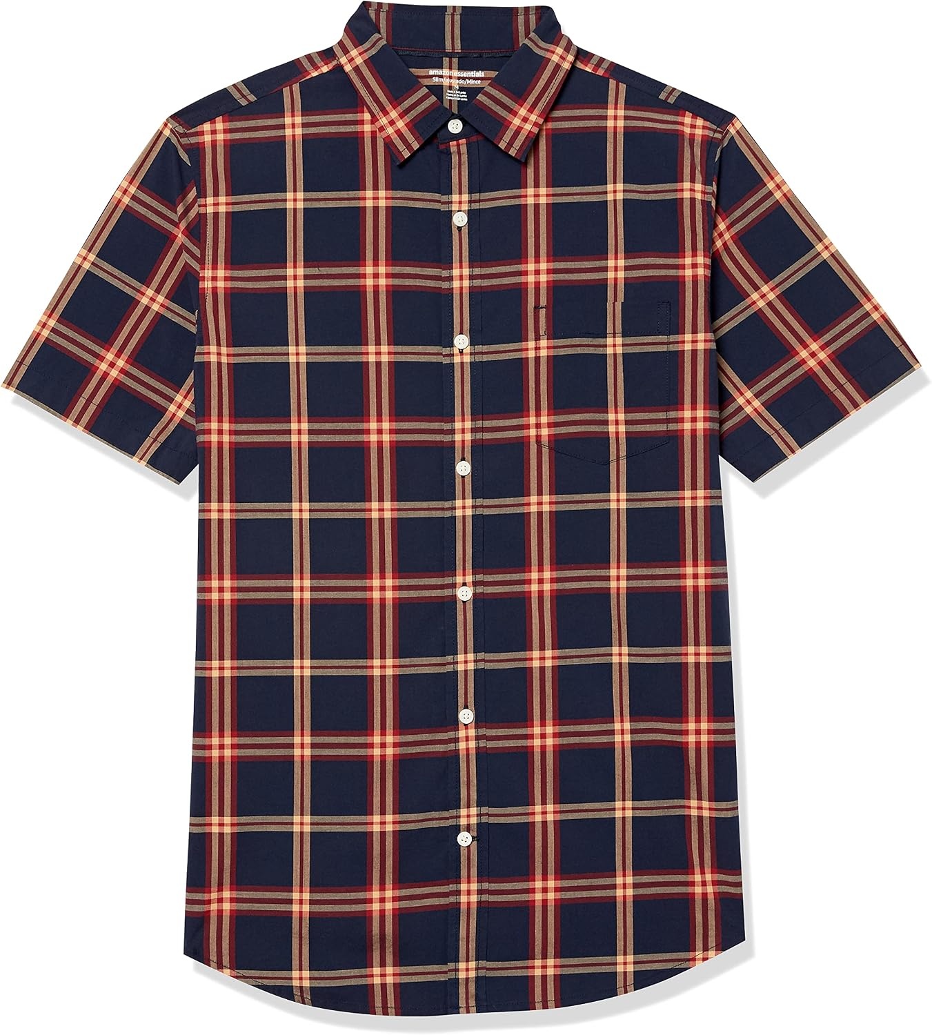 image:imageAmazon Essentials Mens SlimFit ShortSleeve Poplin ShirtNavy Red Plaid