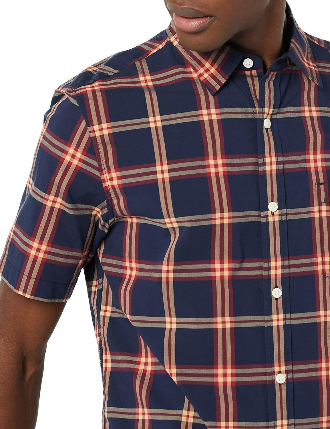 image:imageAmazon Essentials Mens SlimFit ShortSleeve Poplin ShirtNavy Red Plaid