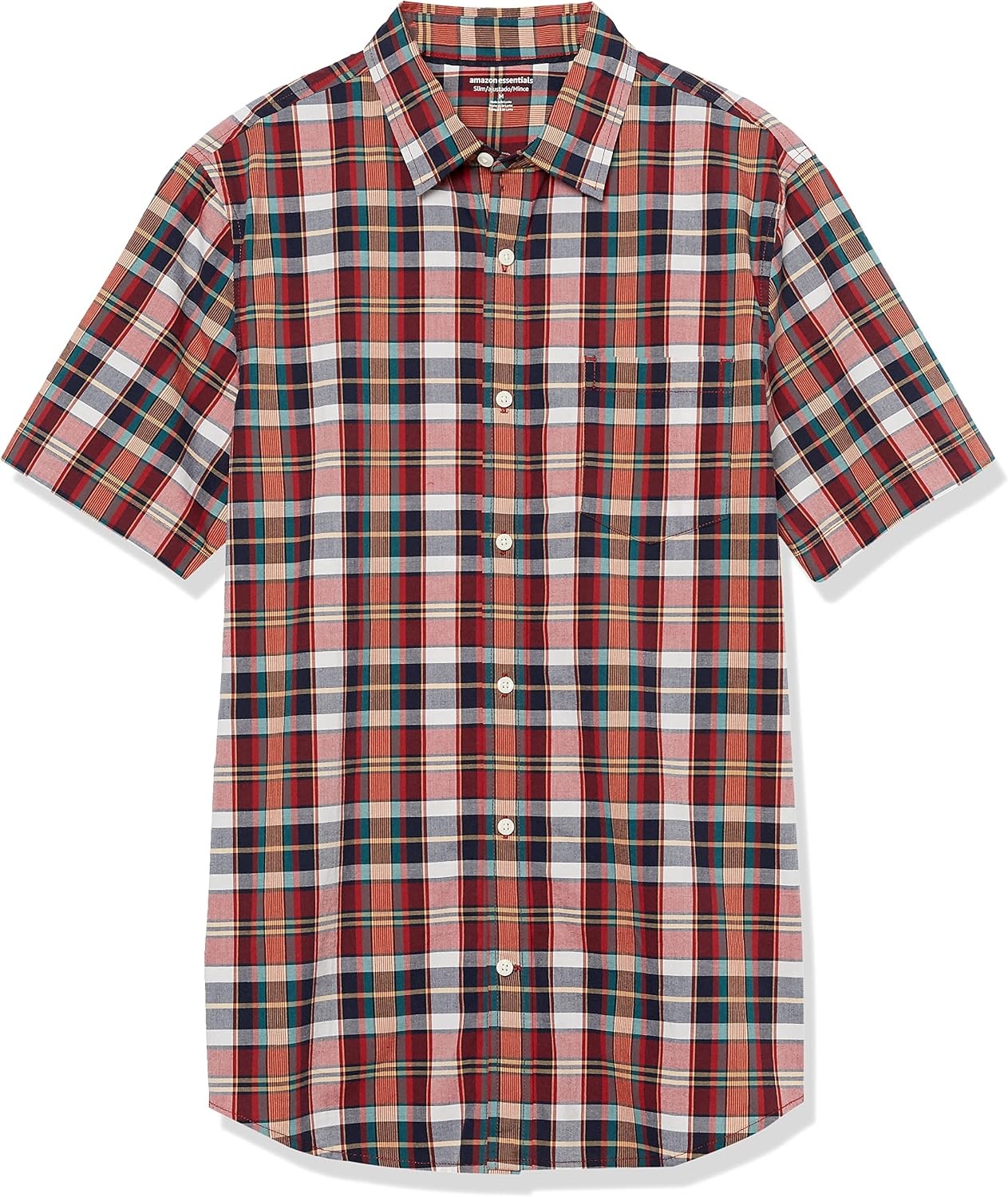 image:imageAmazon Essentials Mens SlimFit ShortSleeve Poplin ShirtNavy Red White Plaid