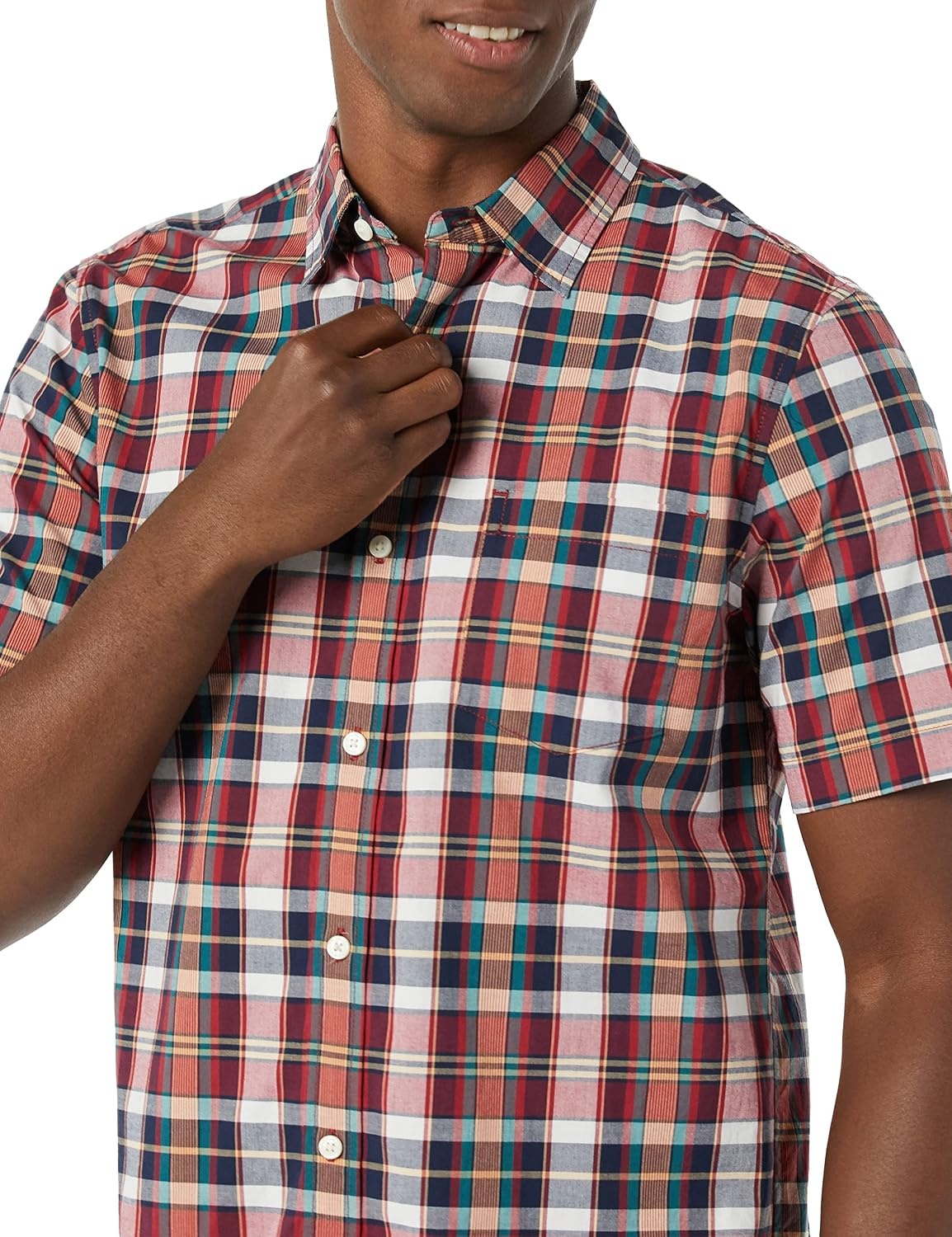 image:imageAmazon Essentials Mens SlimFit ShortSleeve Poplin ShirtNavy Red White Plaid