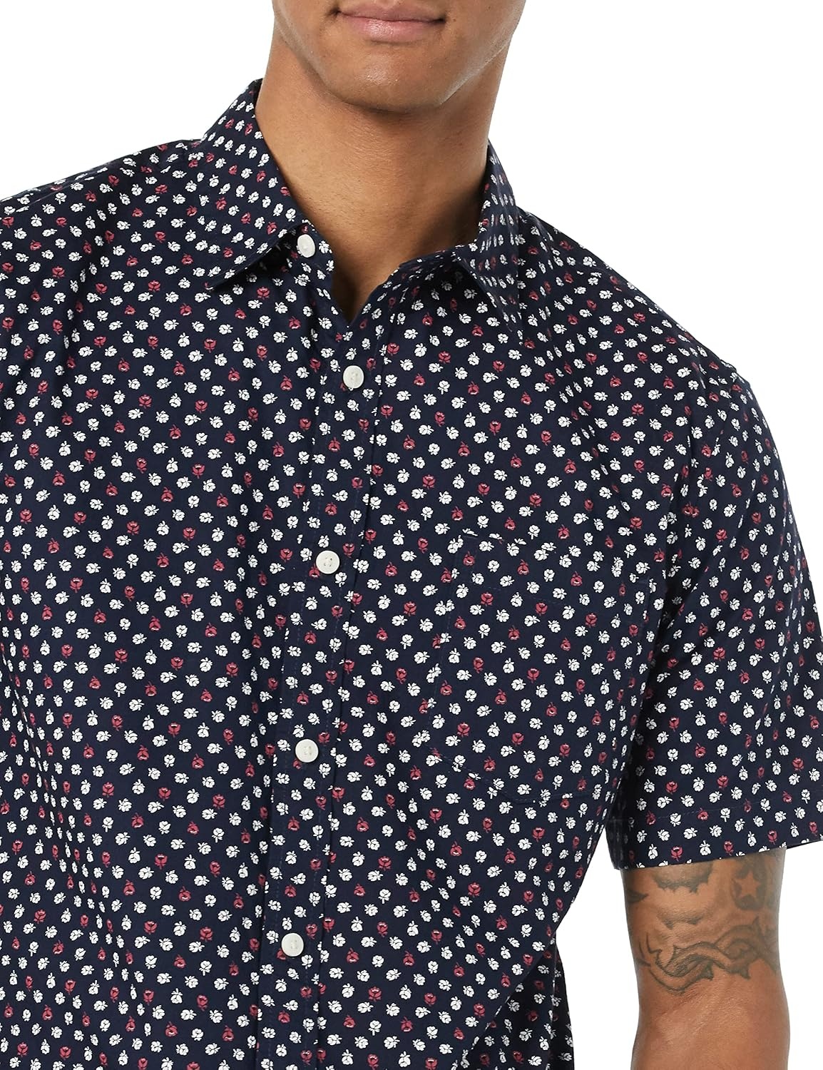 image:imageAmazon Essentials Mens SlimFit ShortSleeve Poplin ShirtNavy Roses