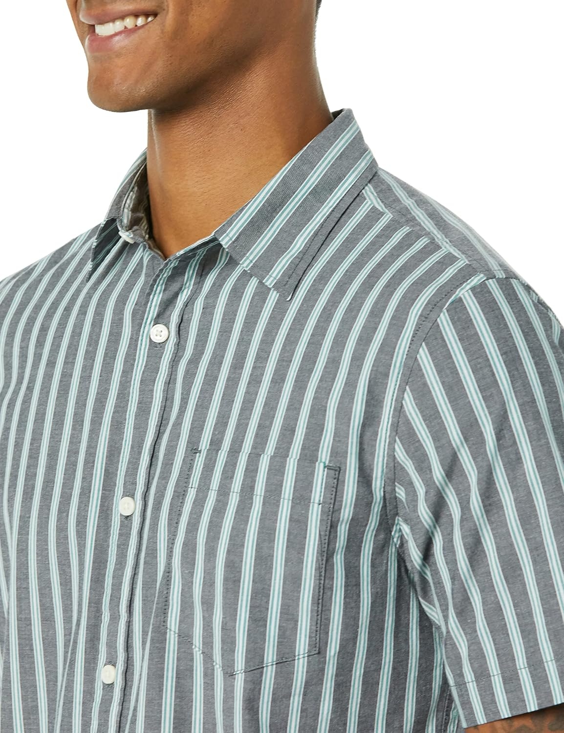 image:imageAmazon Essentials Mens SlimFit ShortSleeve Poplin ShirtNavy Stripe