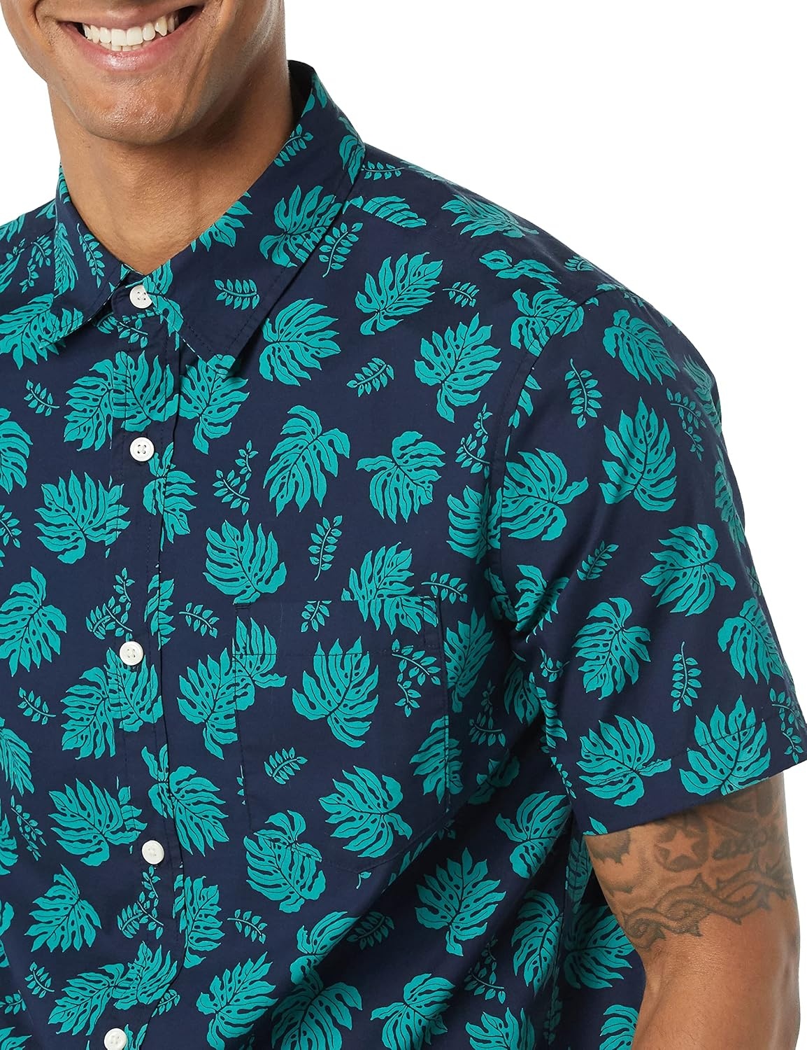 image:imageAmazon Essentials Mens SlimFit ShortSleeve Poplin ShirtNavy Teal Green Palm Leaf Print