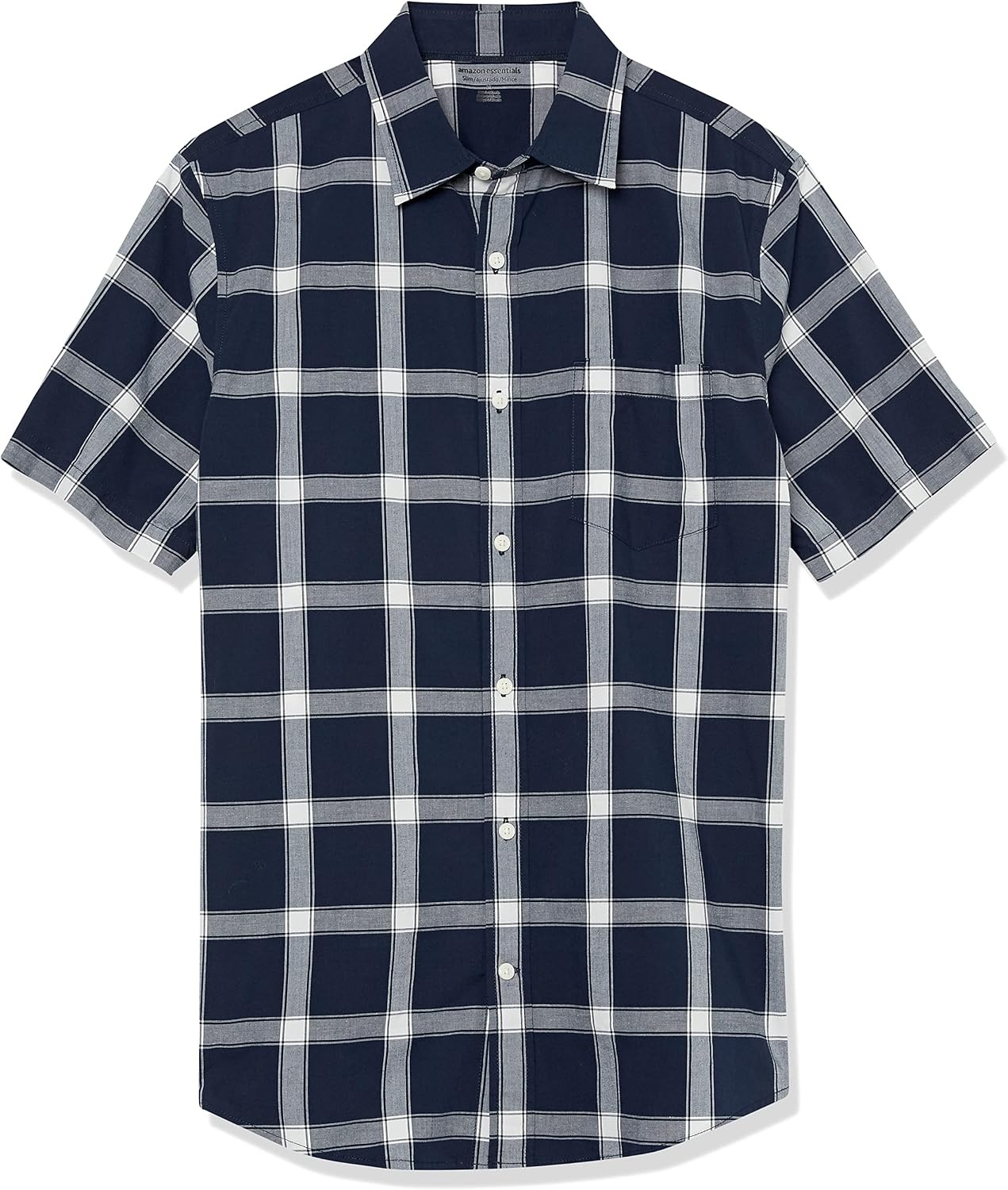 image:imageAmazon Essentials Mens SlimFit ShortSleeve Poplin ShirtNavy White Buffalo Plaid