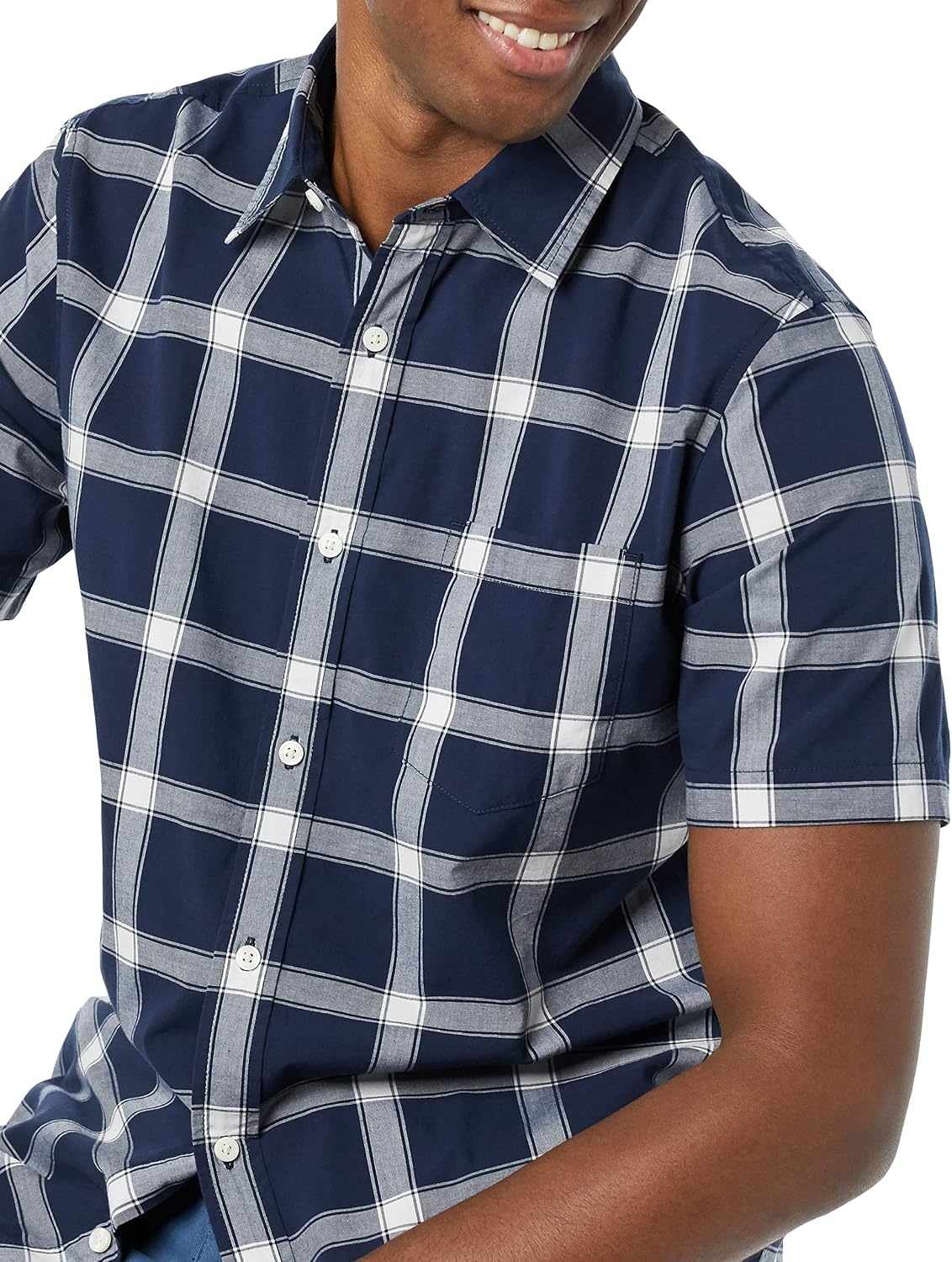 image:imageAmazon Essentials Mens SlimFit ShortSleeve Poplin ShirtNavy White Buffalo Plaid