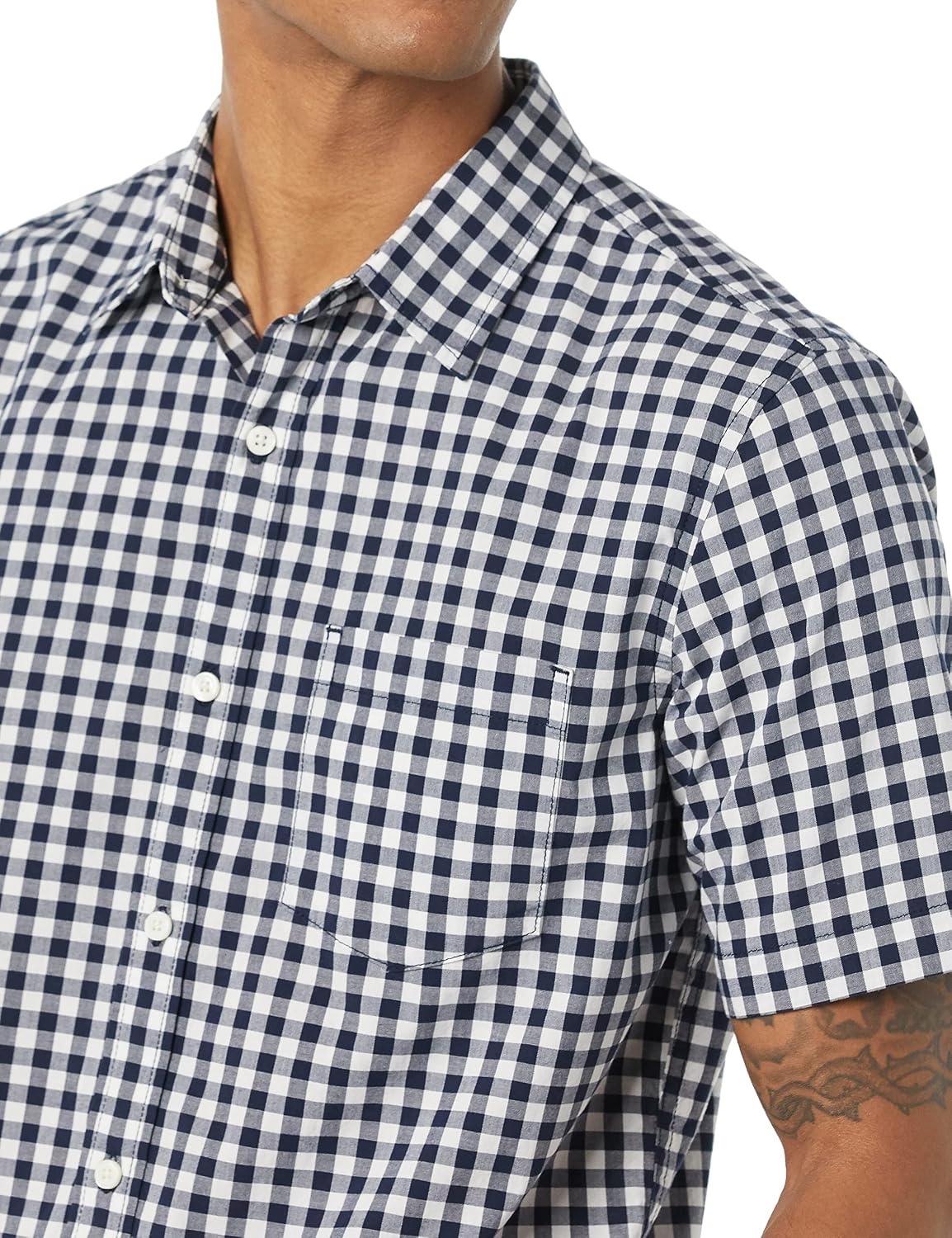 image:imageAmazon Essentials Mens SlimFit ShortSleeve Poplin ShirtNavy White Gingham