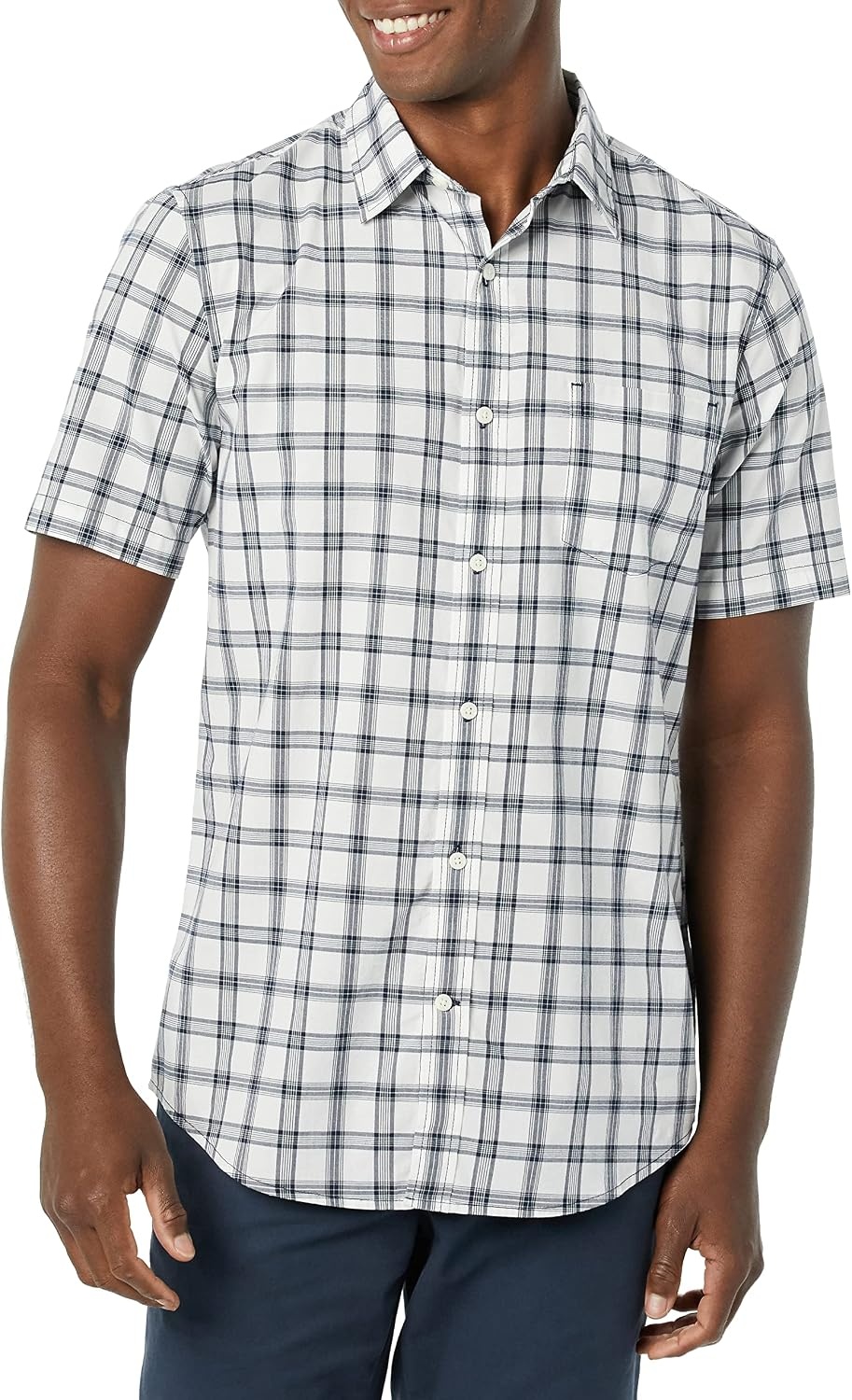 image:imageAmazon Essentials Mens SlimFit ShortSleeve Poplin ShirtNavy White Plaid
