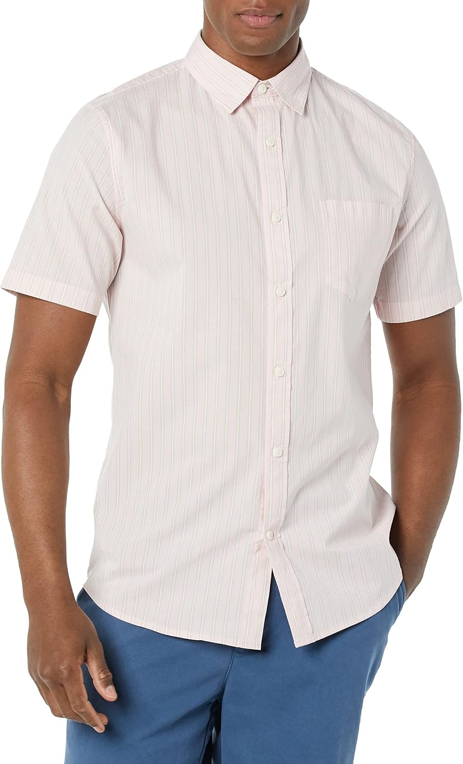 image:imageAmazon Essentials Mens SlimFit ShortSleeve Poplin ShirtPink Double Stripe