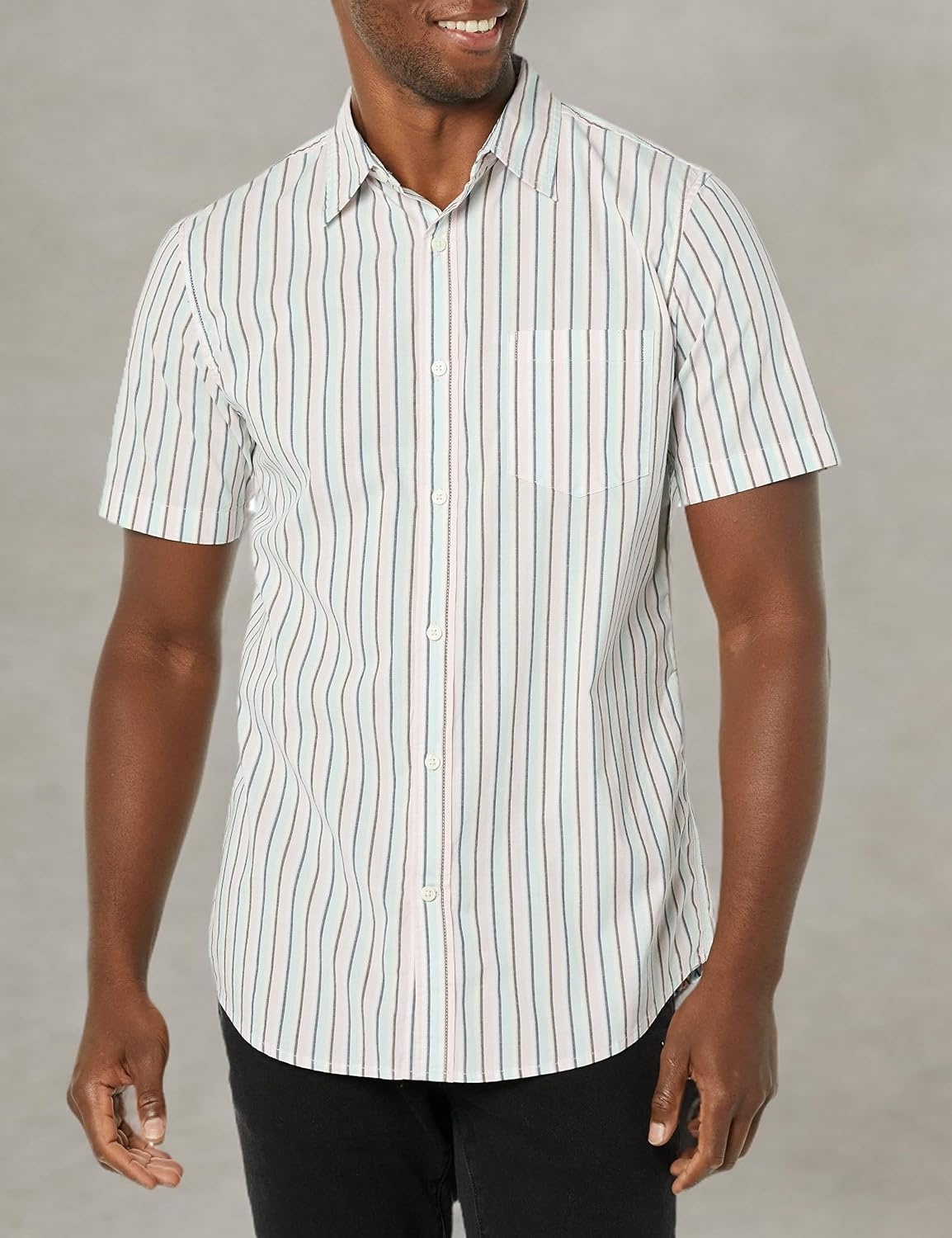 image:imageAmazon Essentials Mens SlimFit ShortSleeve Poplin ShirtPink Teal Blue Stripe