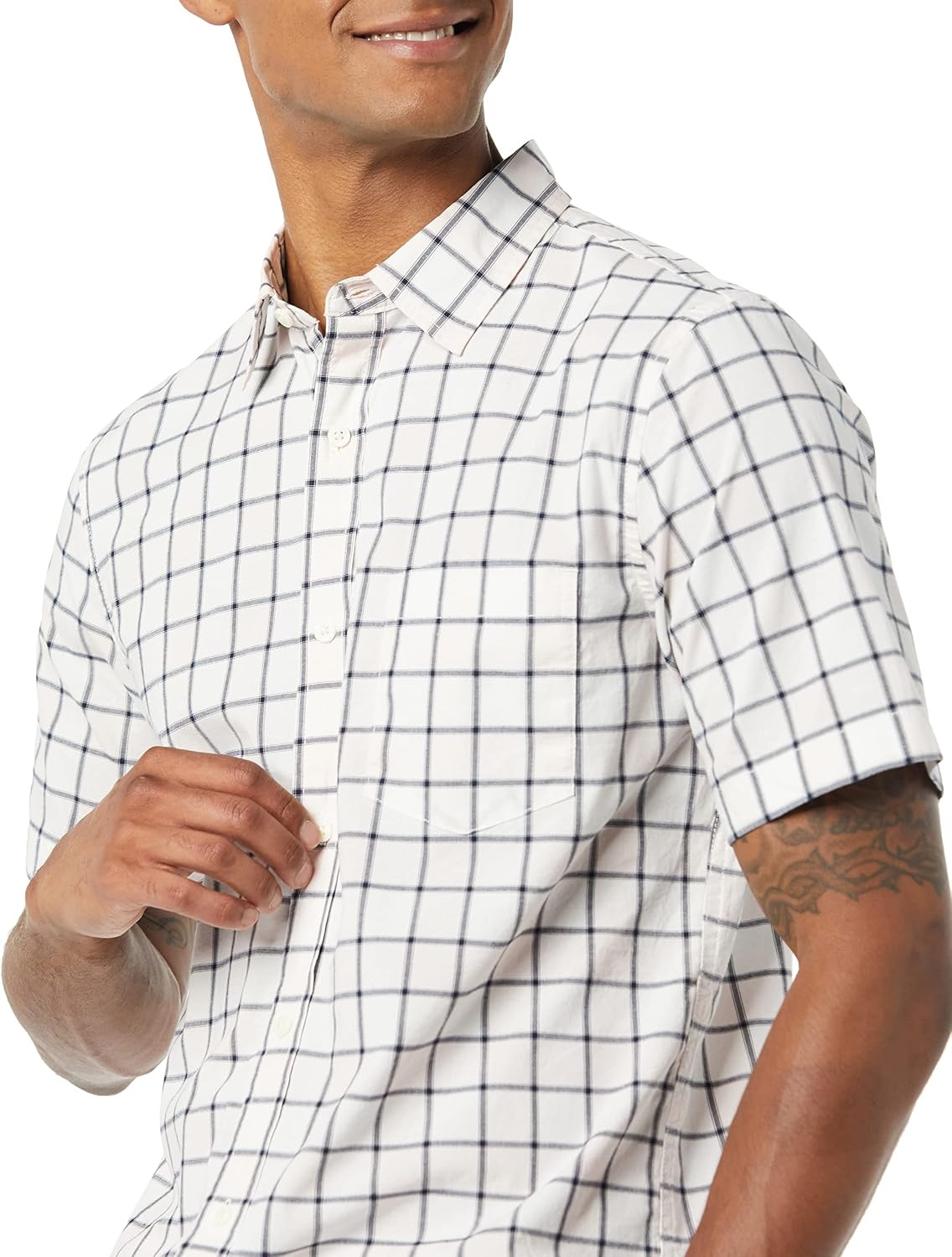 image:imageAmazon Essentials Mens SlimFit ShortSleeve Poplin ShirtPink White Buffalo Plaid
