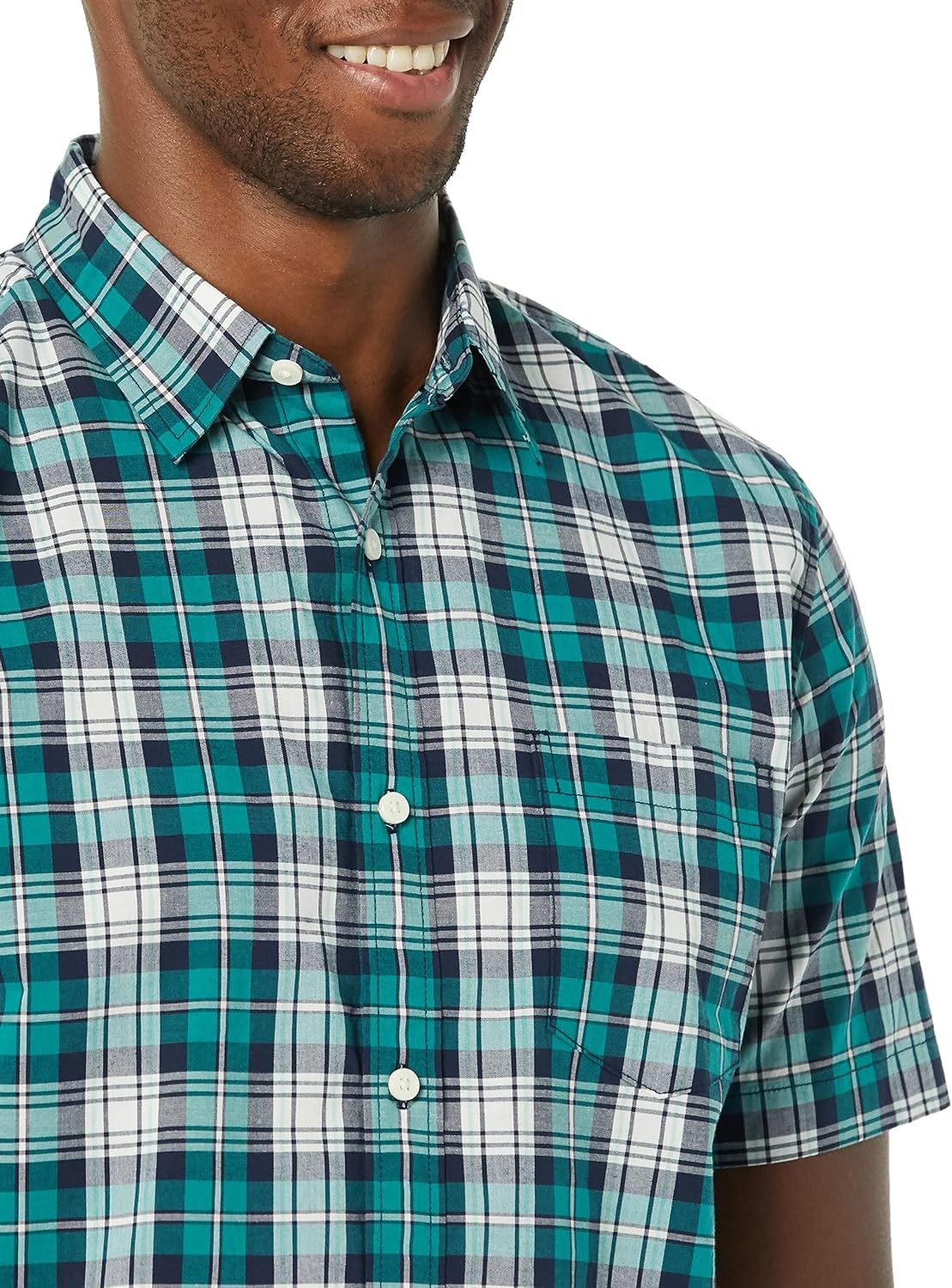 image:imageAmazon Essentials Mens SlimFit ShortSleeve Poplin ShirtTeal Blue White Plaid